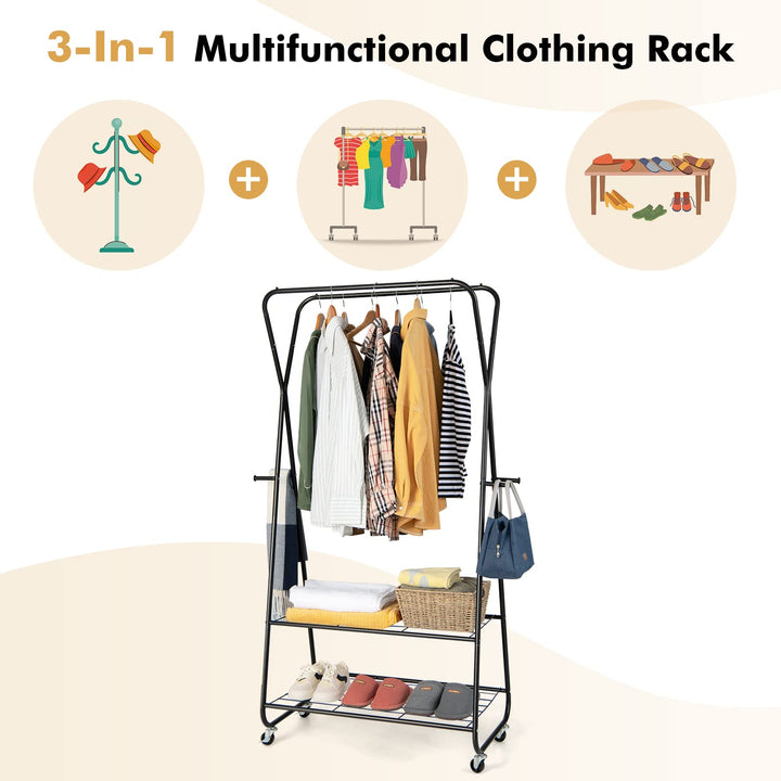 Giantex Metal Rolling Garment Rack, Clothing Rack with Wheels, Double Hanging Rods, 2 Shelves, 4 Hooks