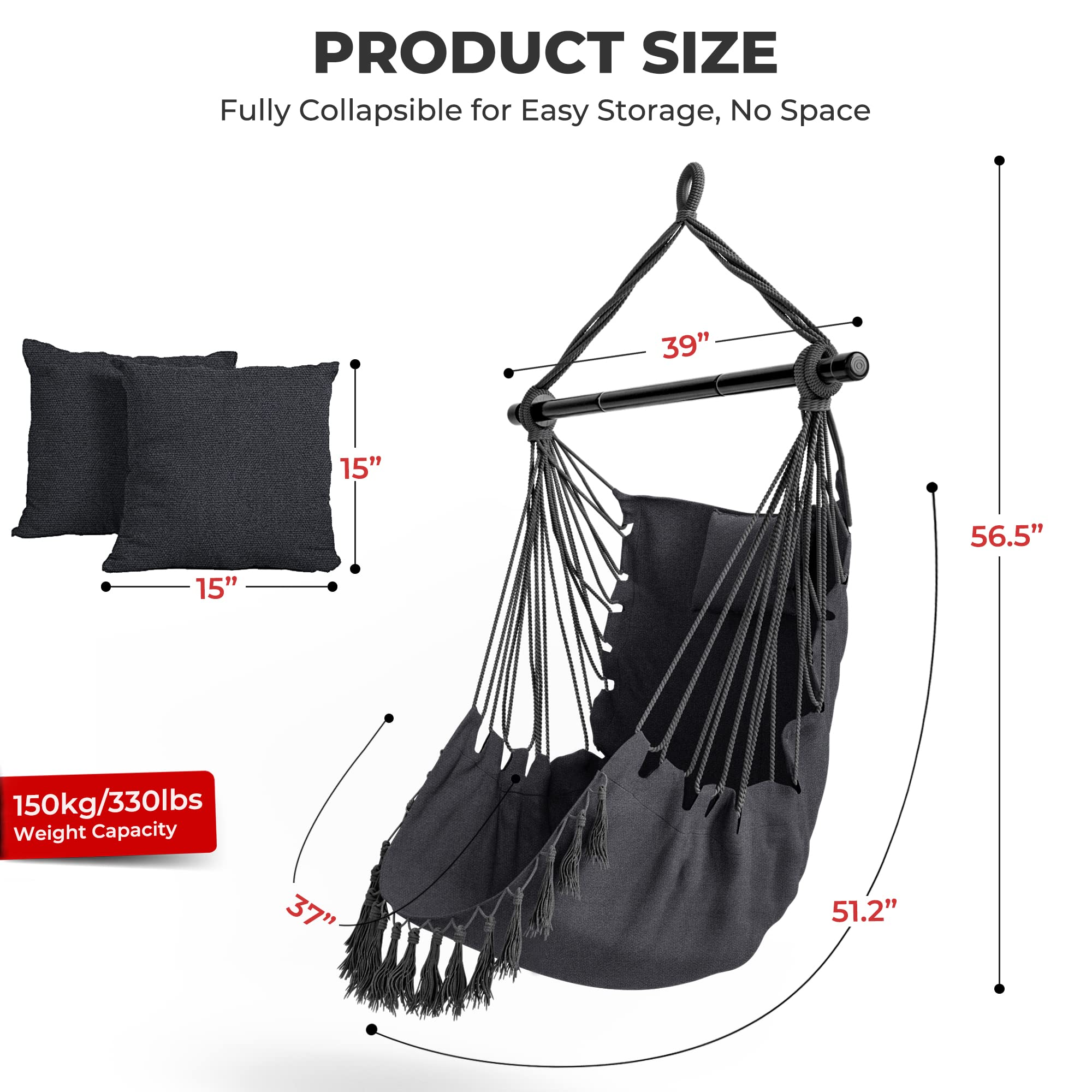 Hanging Chair Hammock Swing Chair - with Sturdy Steel Hanging Bar