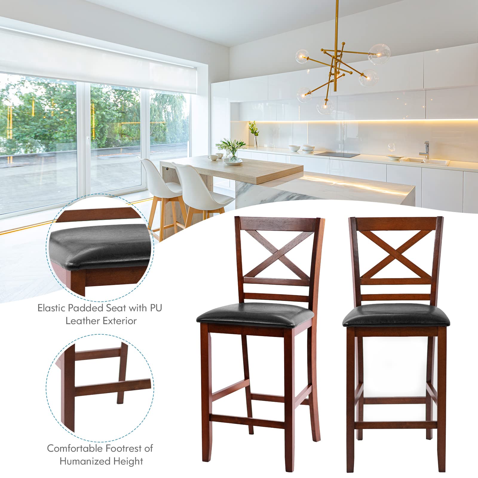 Giantex Modern 25” Counter Height Dining Pub Stools with X-Shaped Backrest, Soft Cushion & Durable PU Seat
