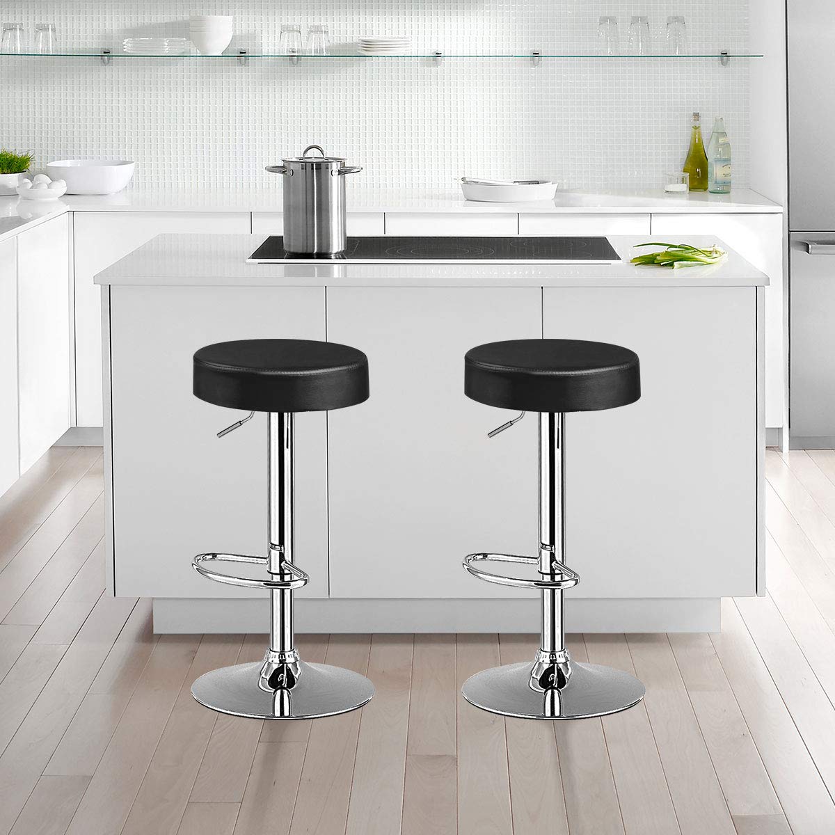 Modern Swivel Backless Round Barstool, PU Leather Armless bar Chair with Height Adjustable, Chrome Footrest