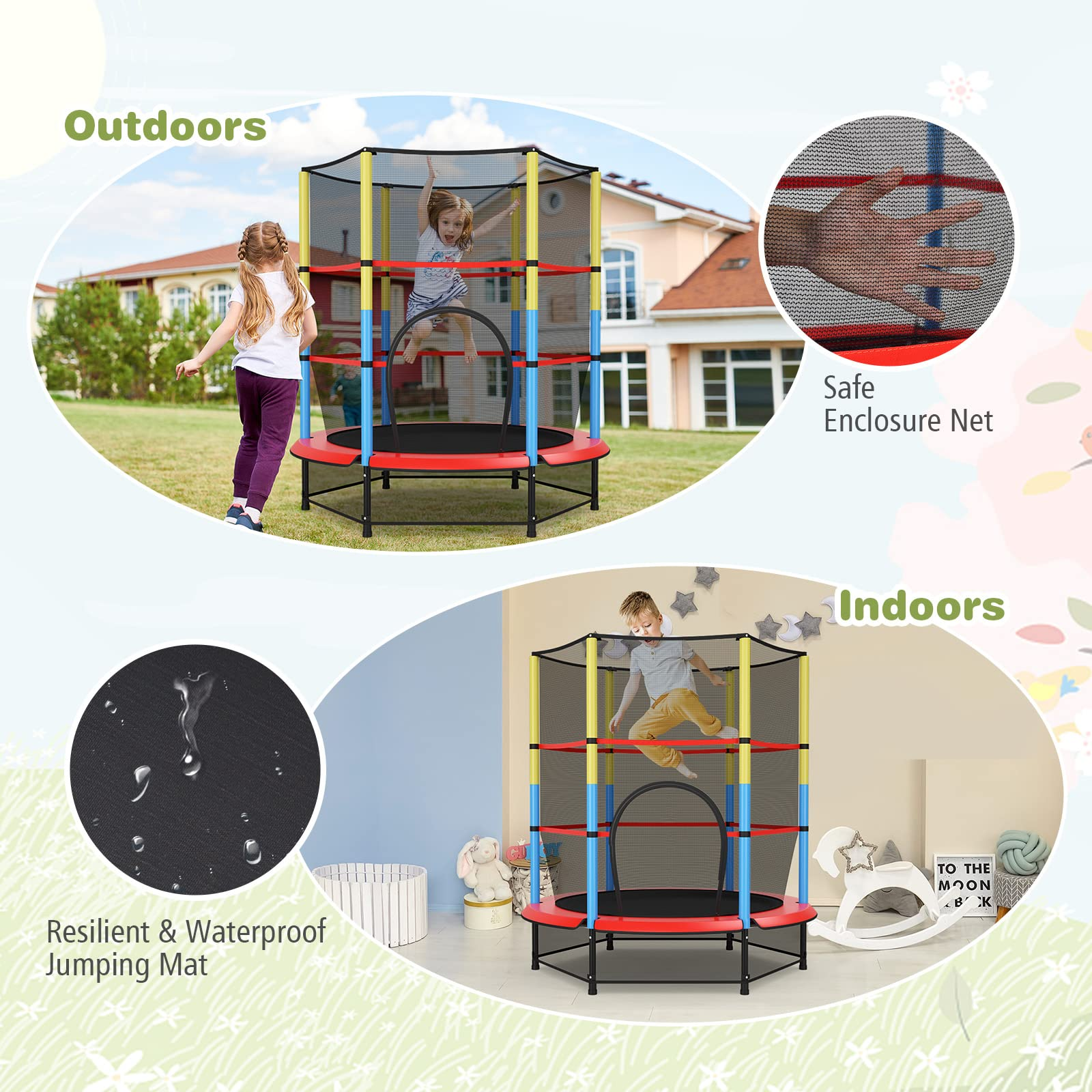 55" Kids Trampoline  with Safety Enclosure Net & Spring Pad
