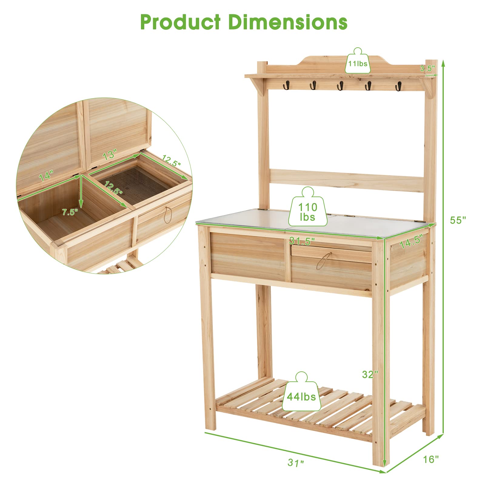Giantex Potting Bench Outdoor Wooden Planting Table with Flip-Open Galvanized Metal Tabletop, Planting Box