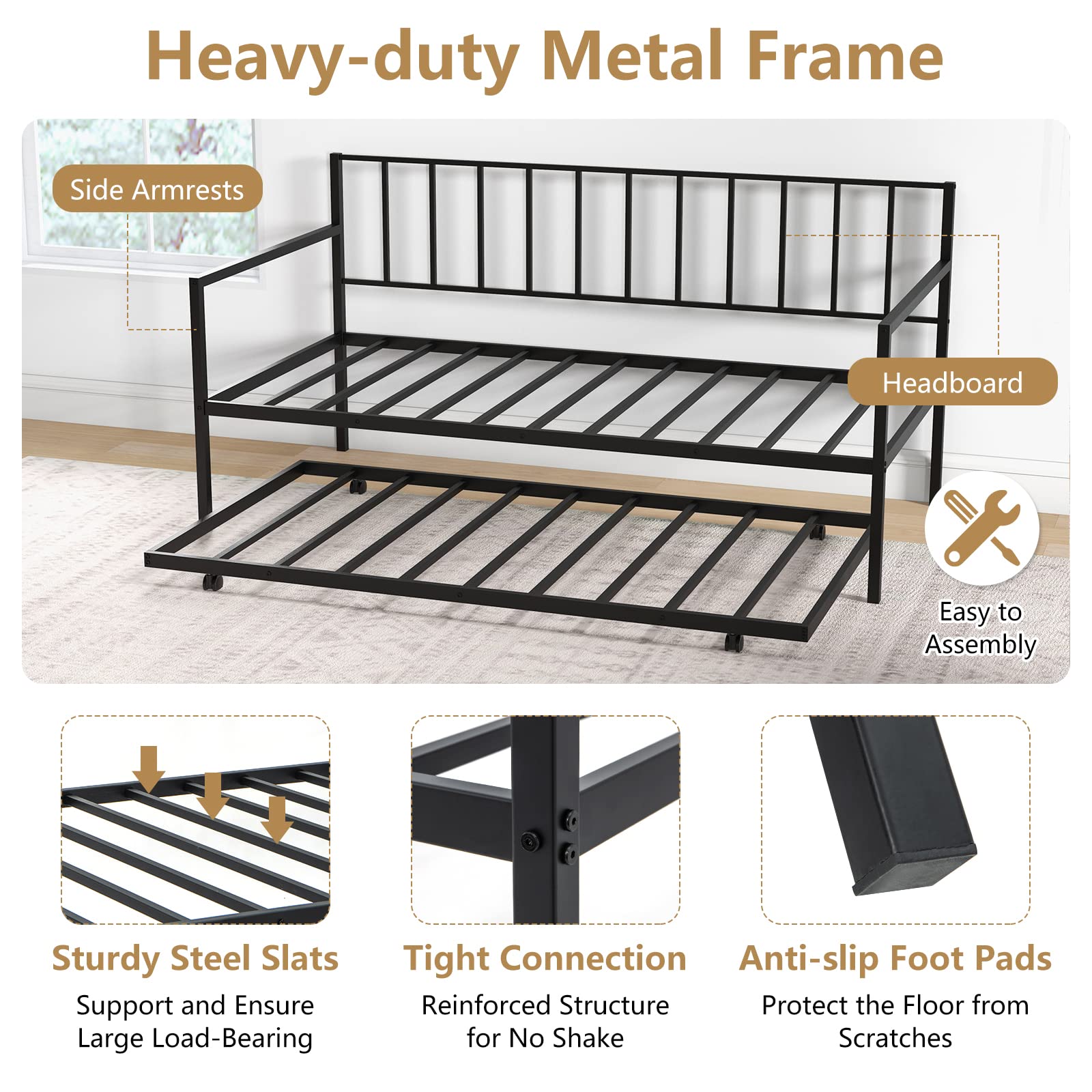 Giantex Metal Daybed with Trundle, Twin Size Daybed with Pullout Trundle & Steel Slat Support, Black