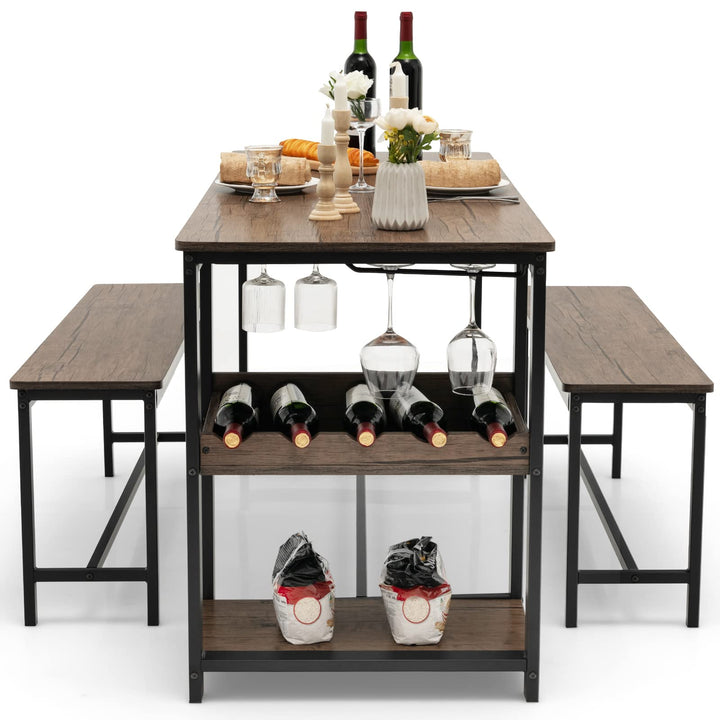 Giantex 3-Piece Dining Table Set for 4, Rustic Kitchen Dinner Table with 2 Benches