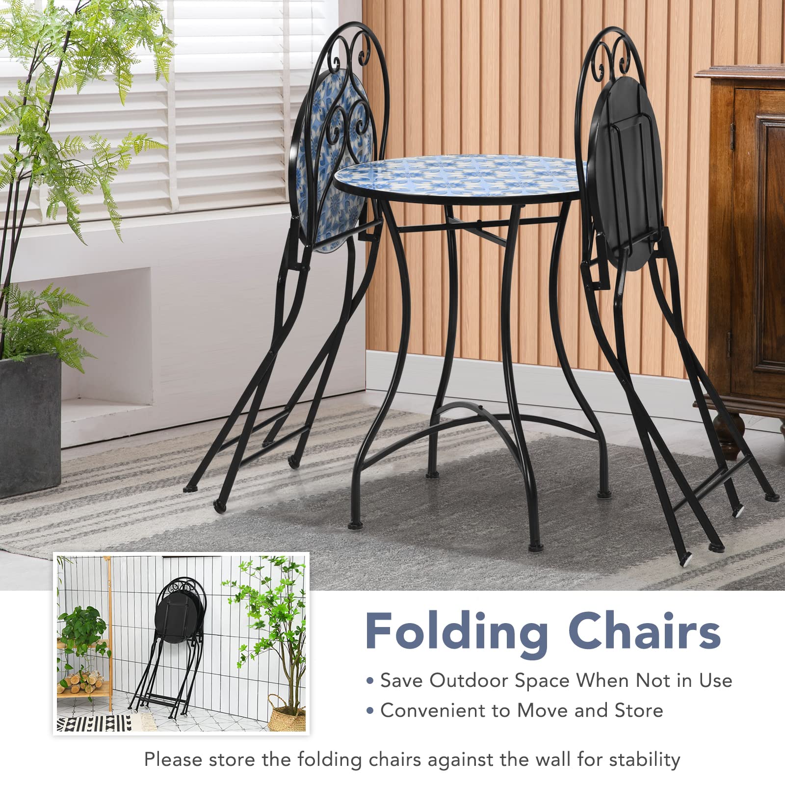 Giantex 2 Pieces Folding Bistro Chairs, Mosaic Patio Chairs with Ceramic Tiles Seat and Exquisite Floral Pattern