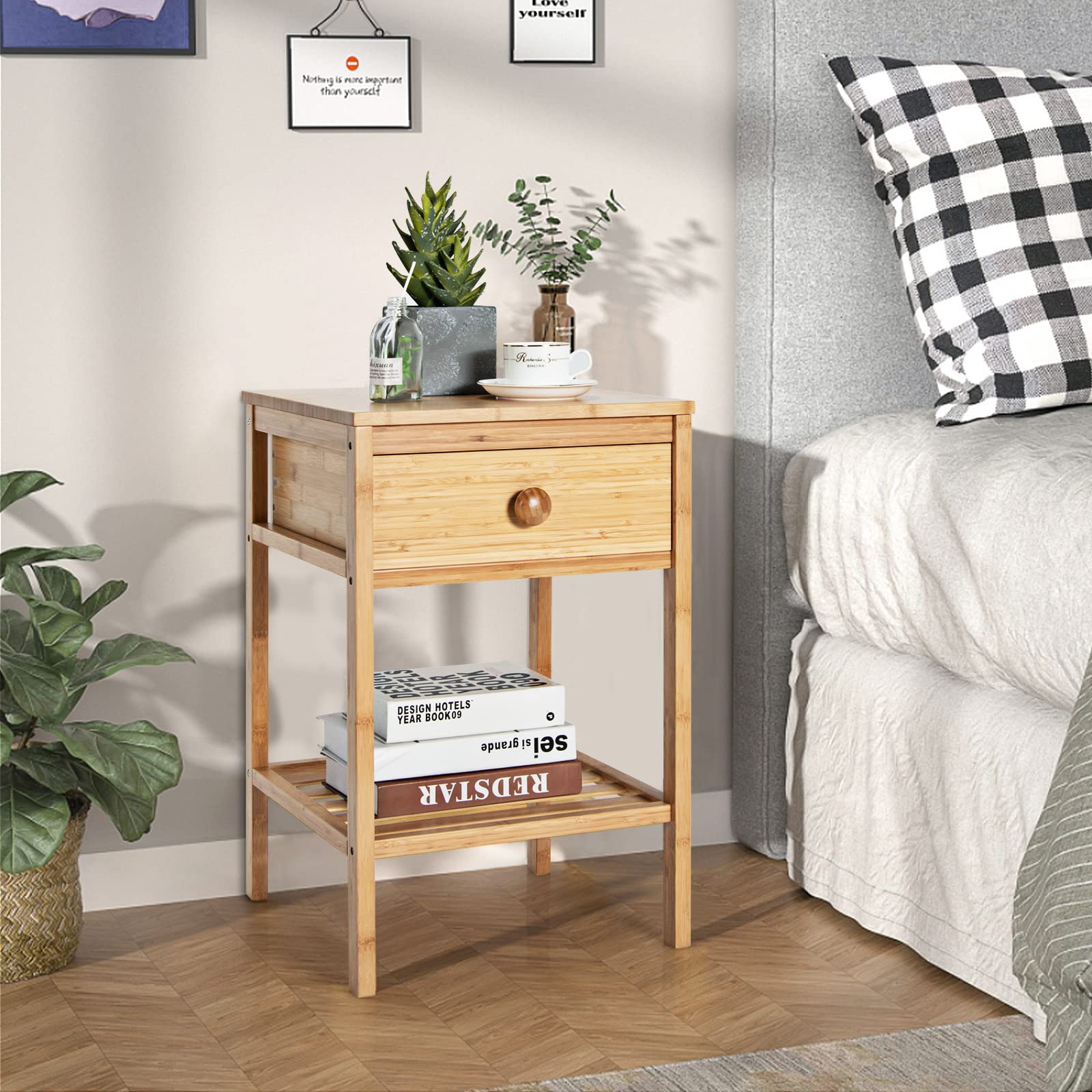 Giantex Nightstand Bamboo Bedside Table with Drawer, Open Shelf, Multifunctional Side Table