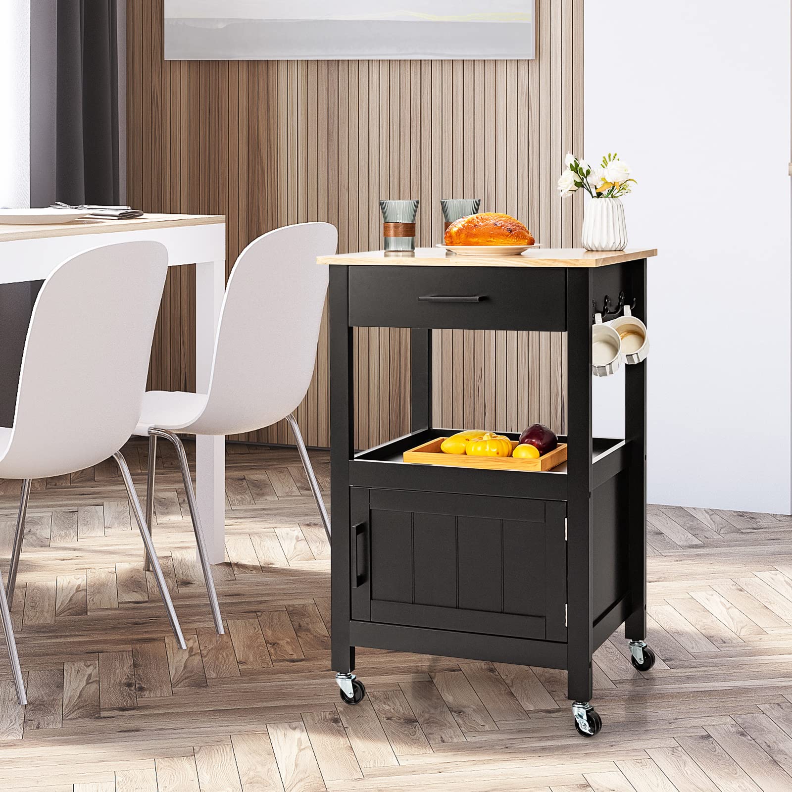 Giantex Kitchen Island with Storage, Small Kitchen Cart on Wheels w/ Drawer, 3 Hooks, Rolling Trolley