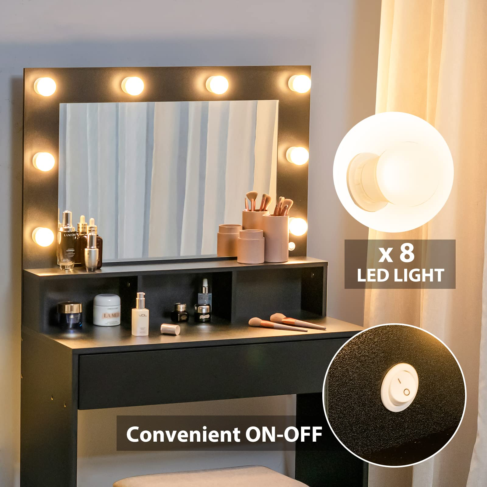 CHARMAID Vanity Table Set with Lighted Mirror, 8 Bulbs, Large Drawer