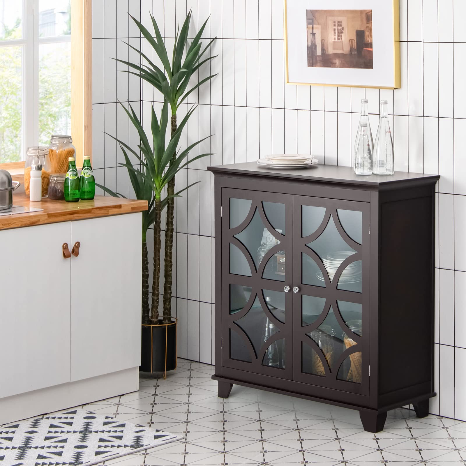 Giantex Buffet Sideboard, Freestanding Kitchen Cupboard w/Adjustable Shelf, 2 Decorative Glass Doors