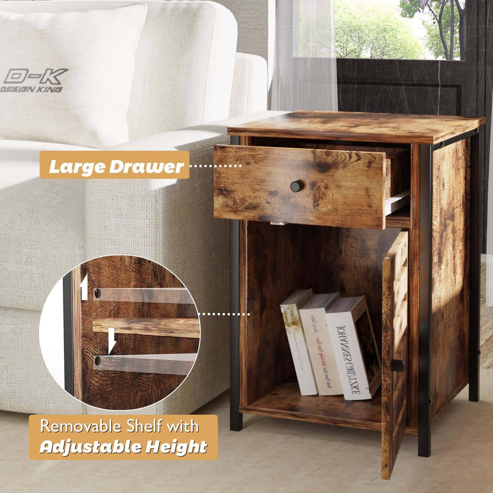 End Table w/Drawer & Shutter Door, Side Table w/Adjustable Shelf