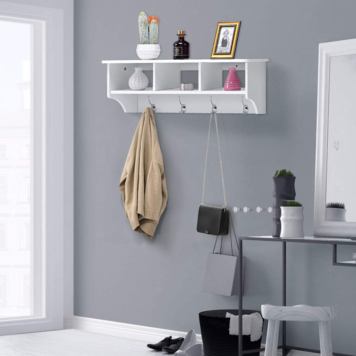 Giantex Hanging Shelf with Hooks Wall Mount Cubby Organizer with 4 Dual Hooks and Storage for Entryway