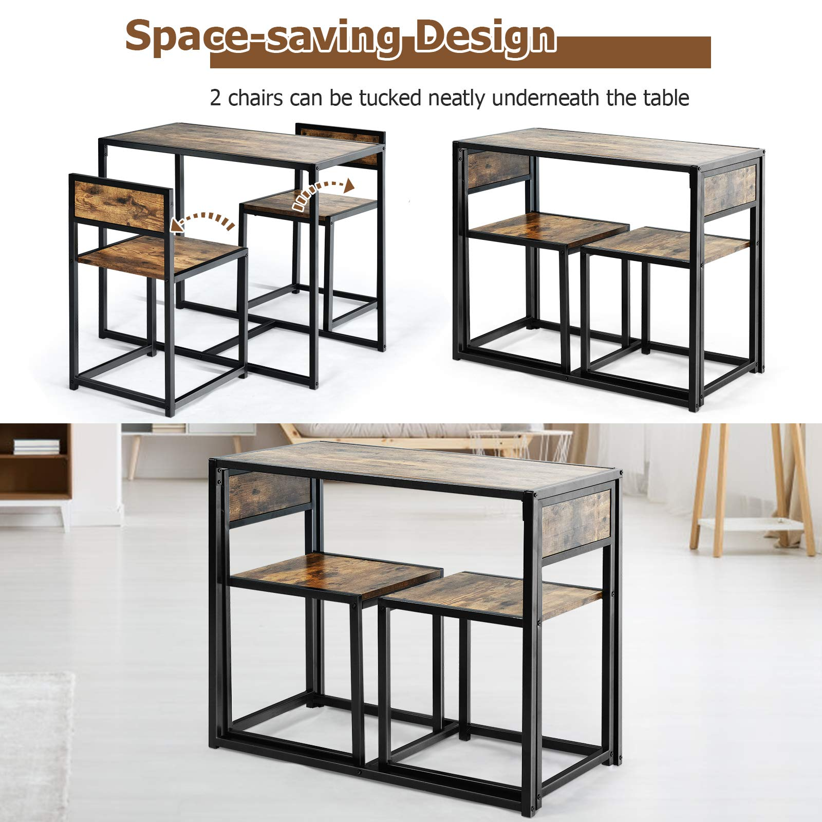 3 Piece Dining Set, Industrial Dining Table with 2 Chairs