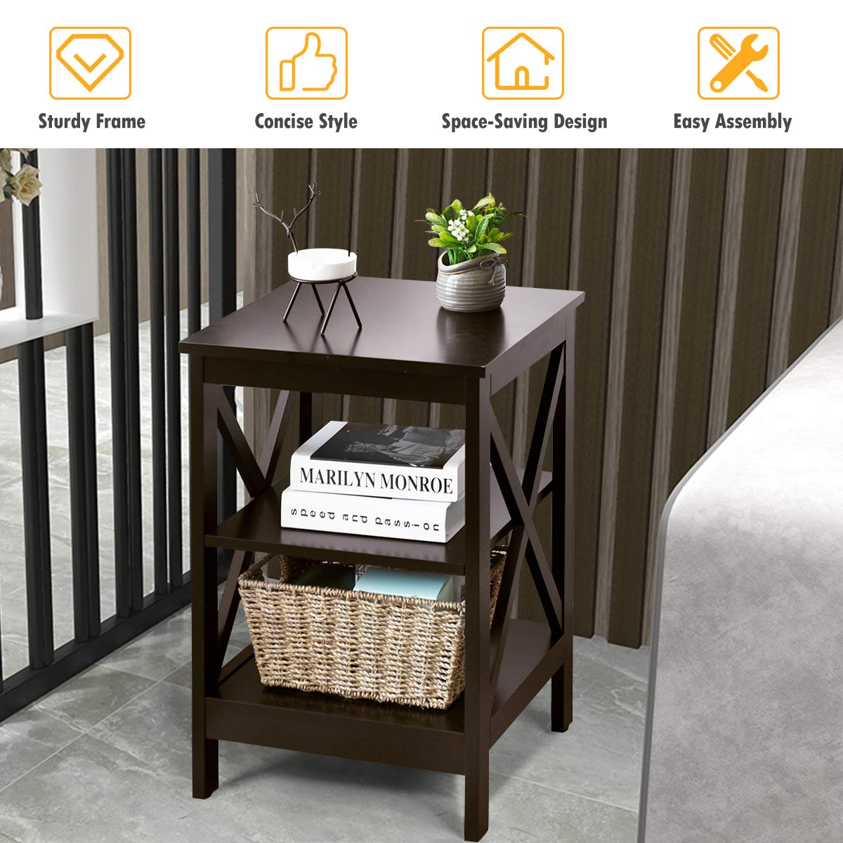 Nightstand 3-Tier X-Design W/Storage Shelves and Stable Structure Storage Organizer Display Sofa Side Table