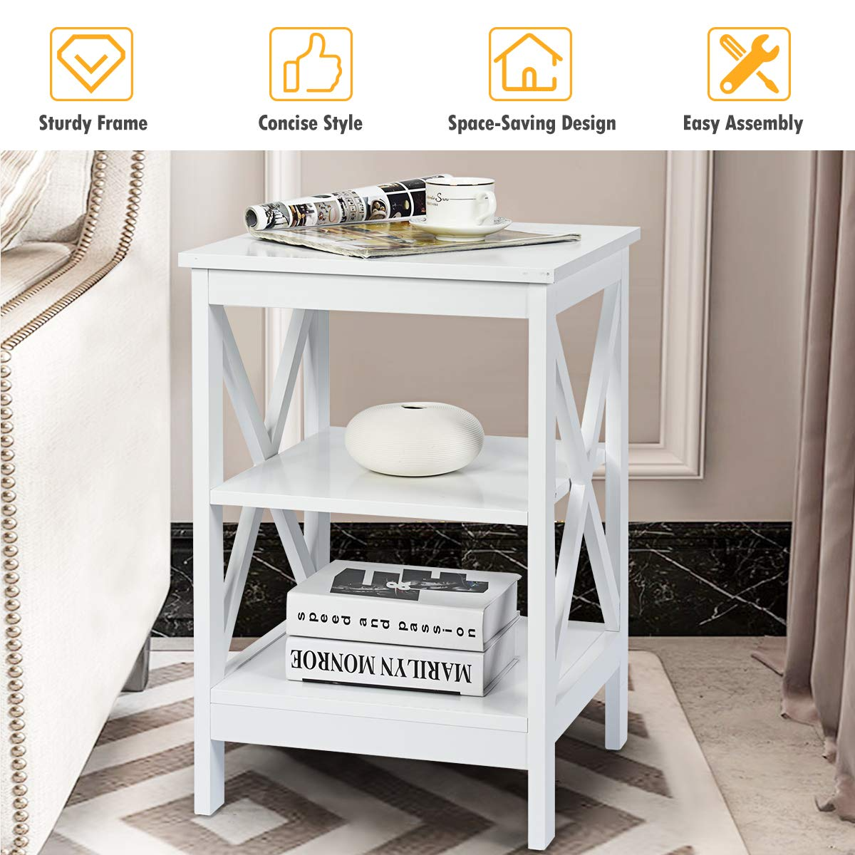 Nightstand 3-Tier X-Design W/Storage Shelves and Stable Structure Storage Organizer Display Sofa Side Table