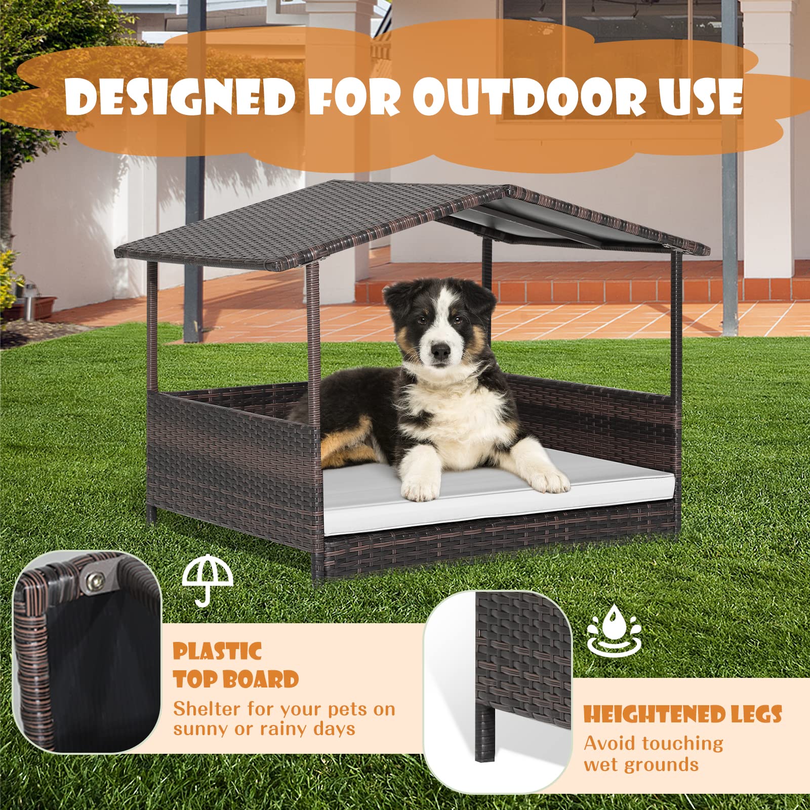 Giantex Wicker Dog House, Raised Rattan Dog Bed with Roof, Removable Cushion and Steel Frame