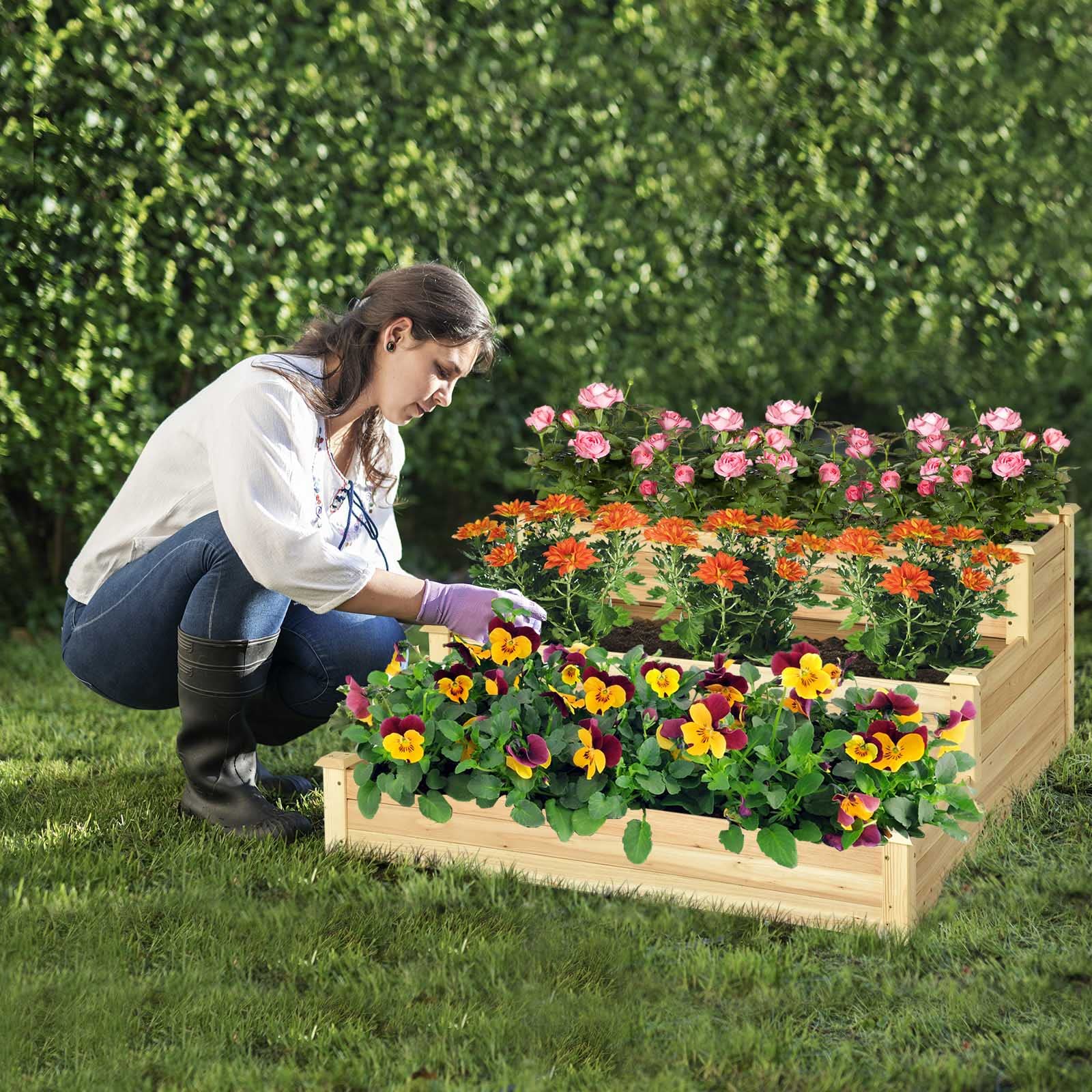 Giantex 3 Tier Raised Garden Bed, Wood Planter Box 48 x 48 x 22 Inch Vegetable Flower Herb Fruit Growing Bed Kit