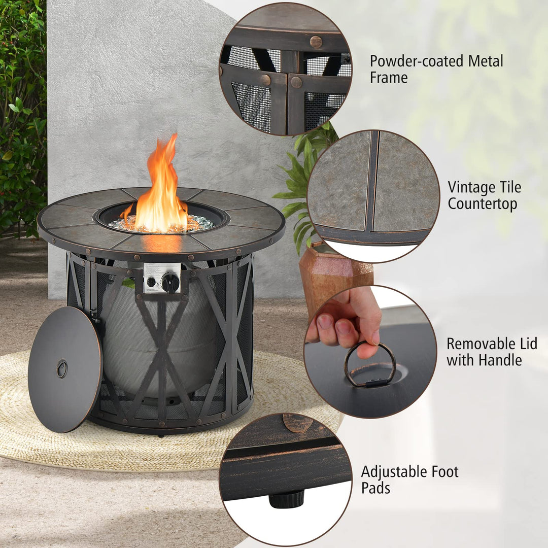 Giantex 32" Gas Fire Pit Table - 30,000 BTU Round Outdoor Fire Pit with Lid, PVC Cover, Glass Stones, Black