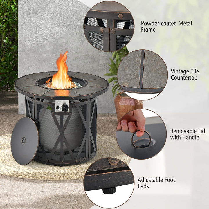 Giantex 32" Gas Fire Pit Table - 30,000 BTU Round Outdoor Fire Pit with Lid, PVC Cover, Glass Stones, Black