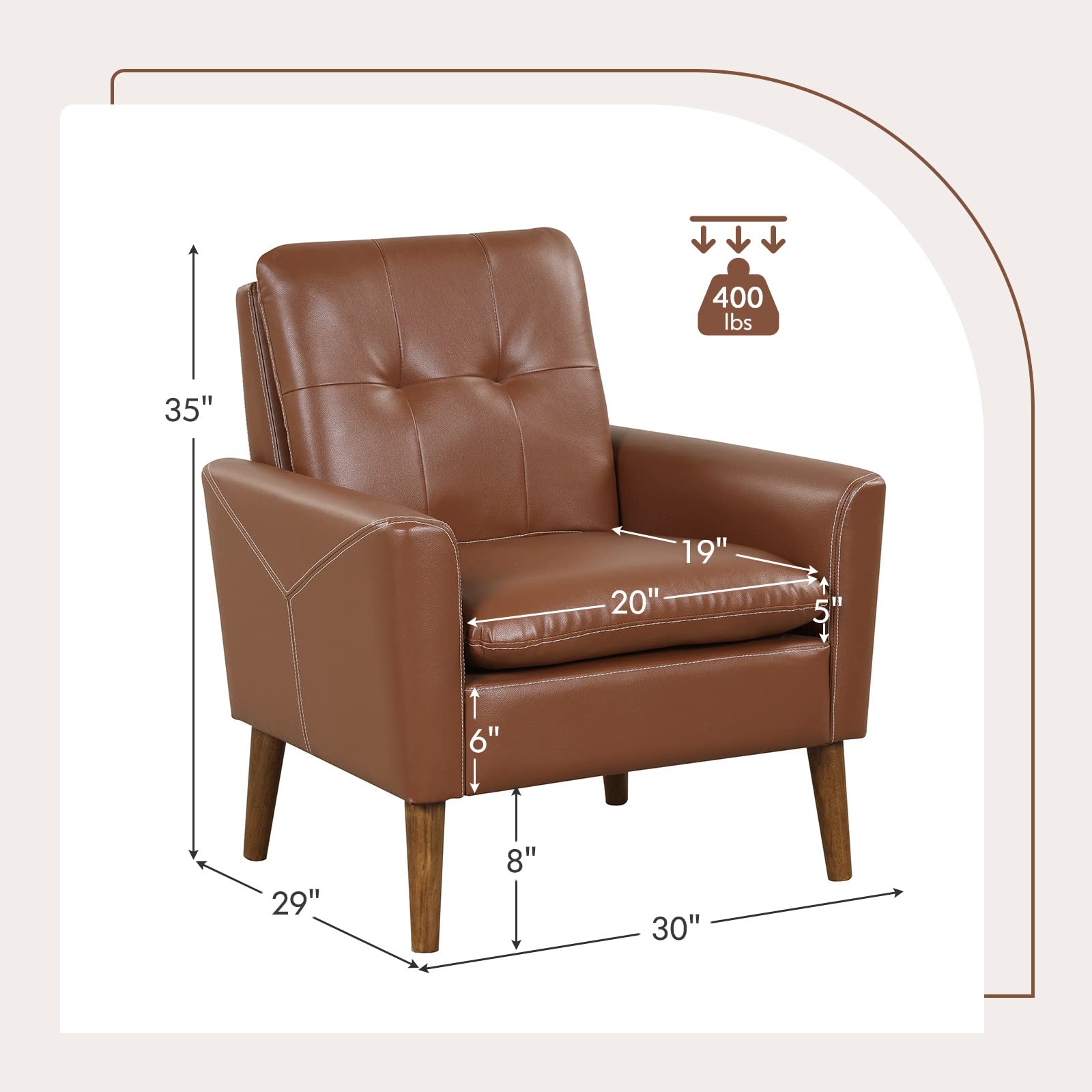 Giantex Modern Leather Accent Chair - Mid-Century Arm Chairs for Living Room, Max Load 400lbs, Brown