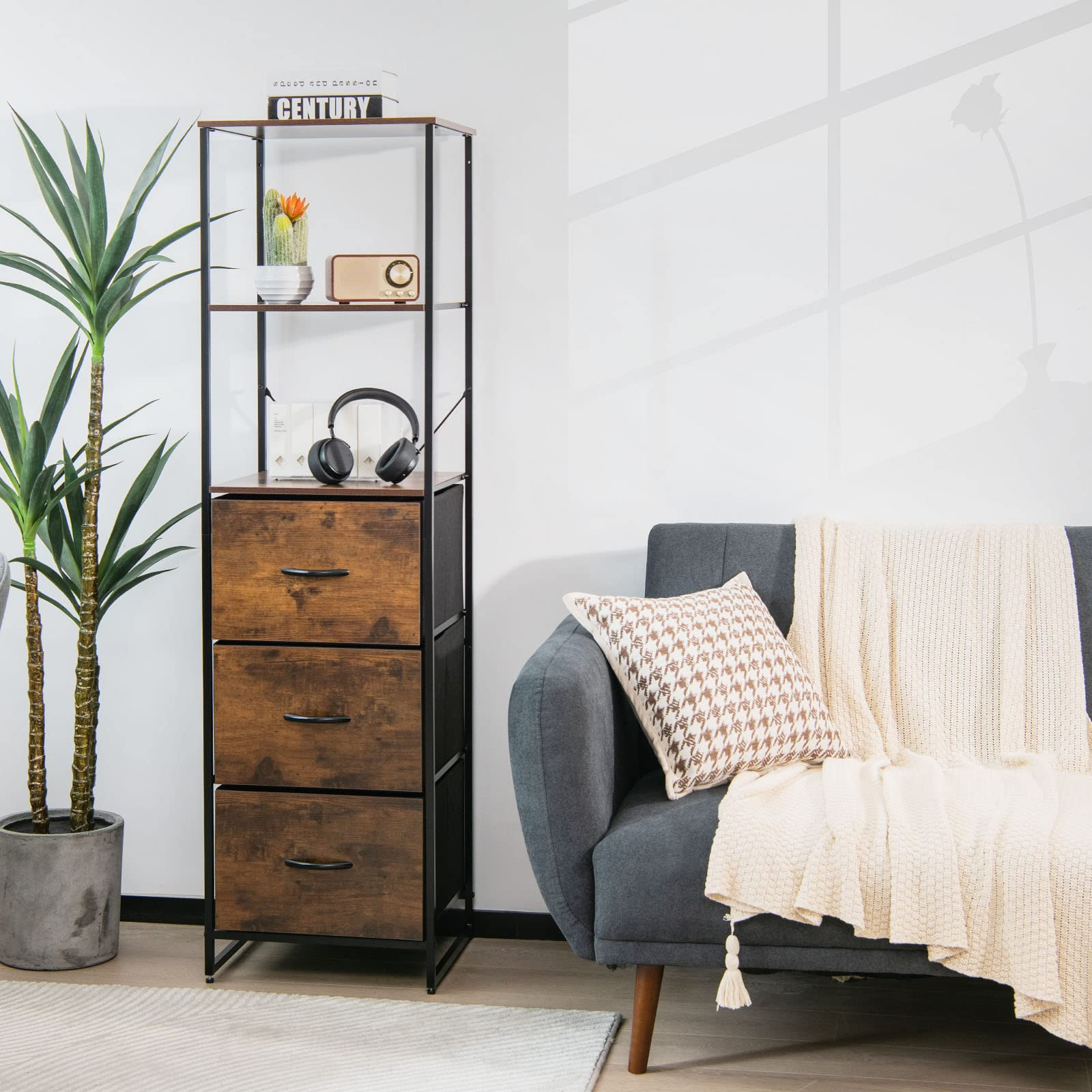 6 Tier Storage Cabinet, 61.5" Tall Storage Rack Storage Bookshelf w/Folding Drawers