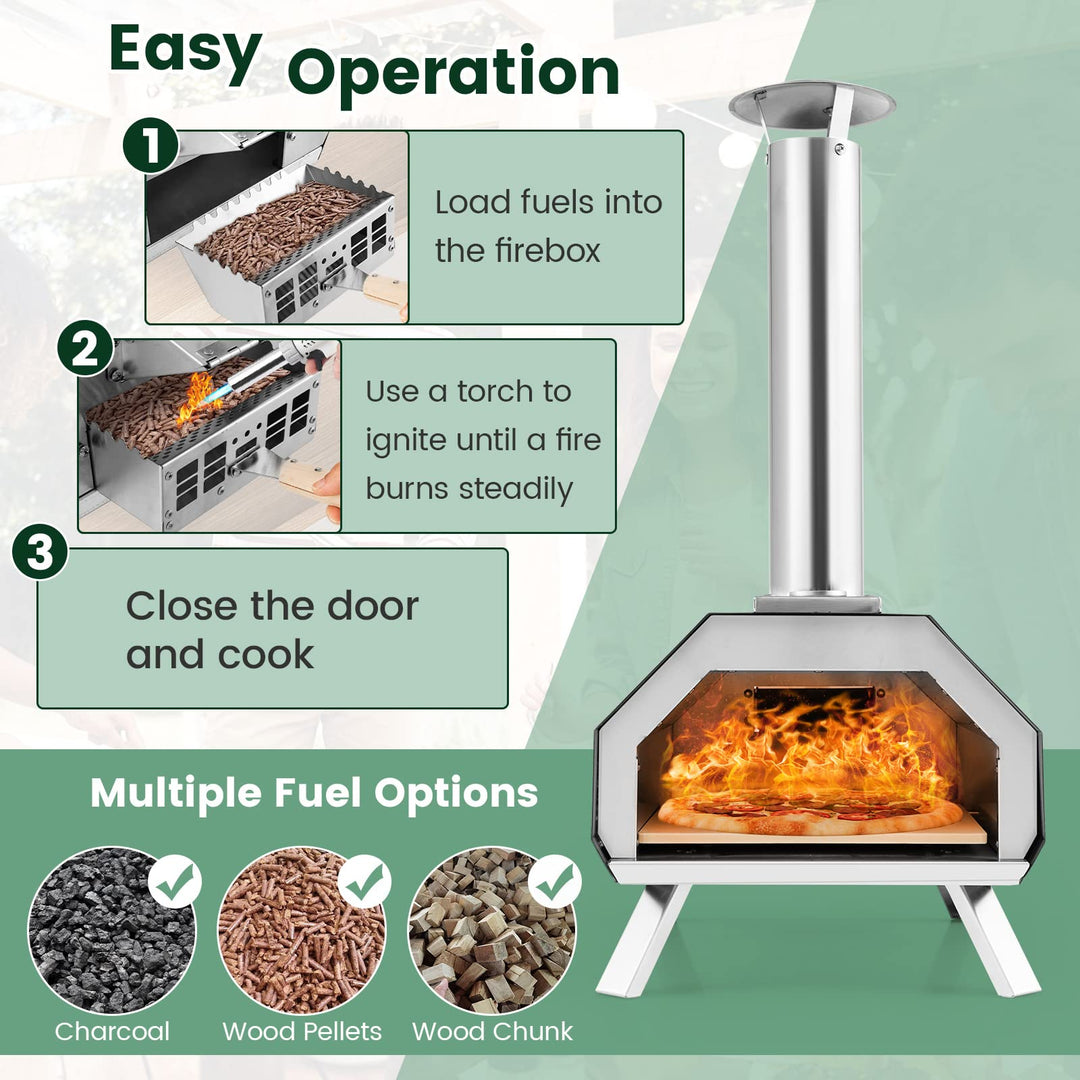 Giantex Outdoor Pizza Oven, Wood Pellet Fired Pizza Grill with 12'' Pizza Stone, Pizza Peel, (Black & Silver)