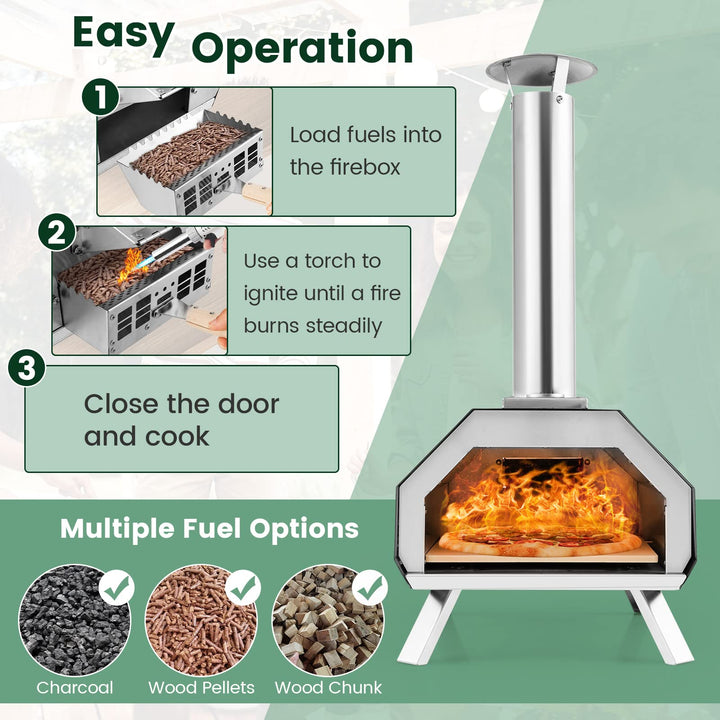 Giantex Outdoor Pizza Oven, Wood Pellet Fired Pizza Grill with 12'' Pizza Stone, Pizza Peel, (Black & Silver)