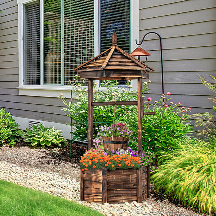 Giantex Rustic Wooden Wishing Well Planter with Hanging Bucket, Roof Shadow