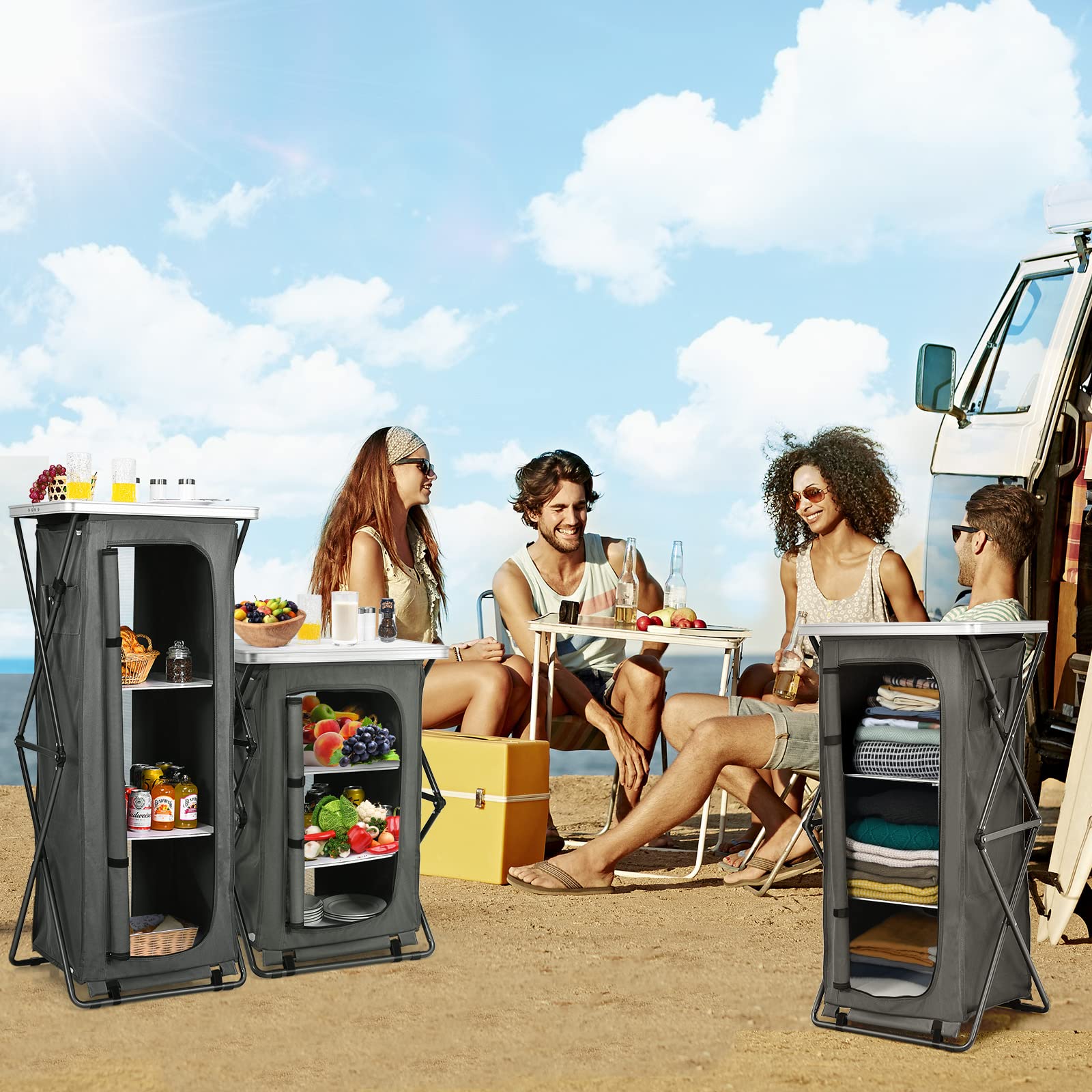 Folding Camping Storage Cabinet with 3 Shelves and Carry Bag