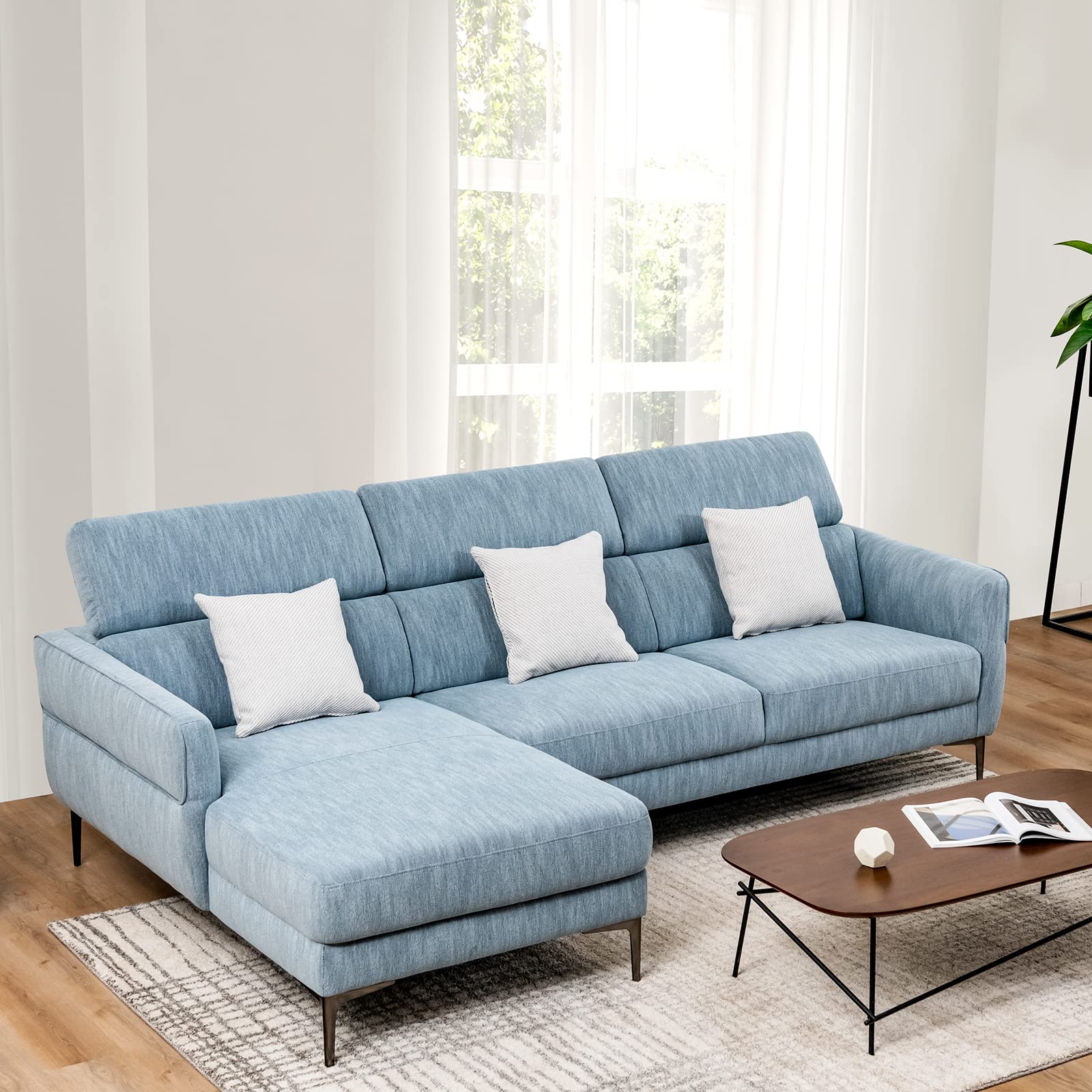 Giantex L-Shaped Sofa Couch, 3-Seat Upholstered Sofa with Wide Chaise Lounge, Adjustable Headrest, Blue