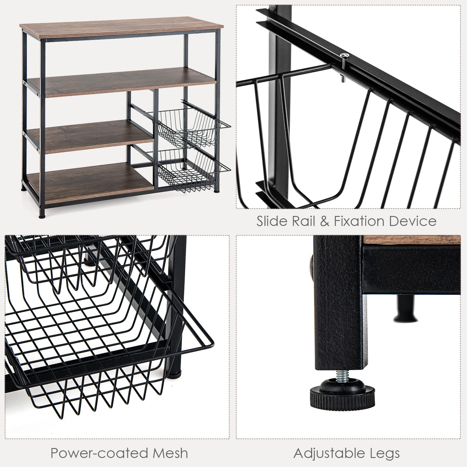 Giantex Kitchen Baker Rack, Industrial Coffee Station with 2 Wire Baskets, 3-Tier Wood Shelves(Brown & Black)