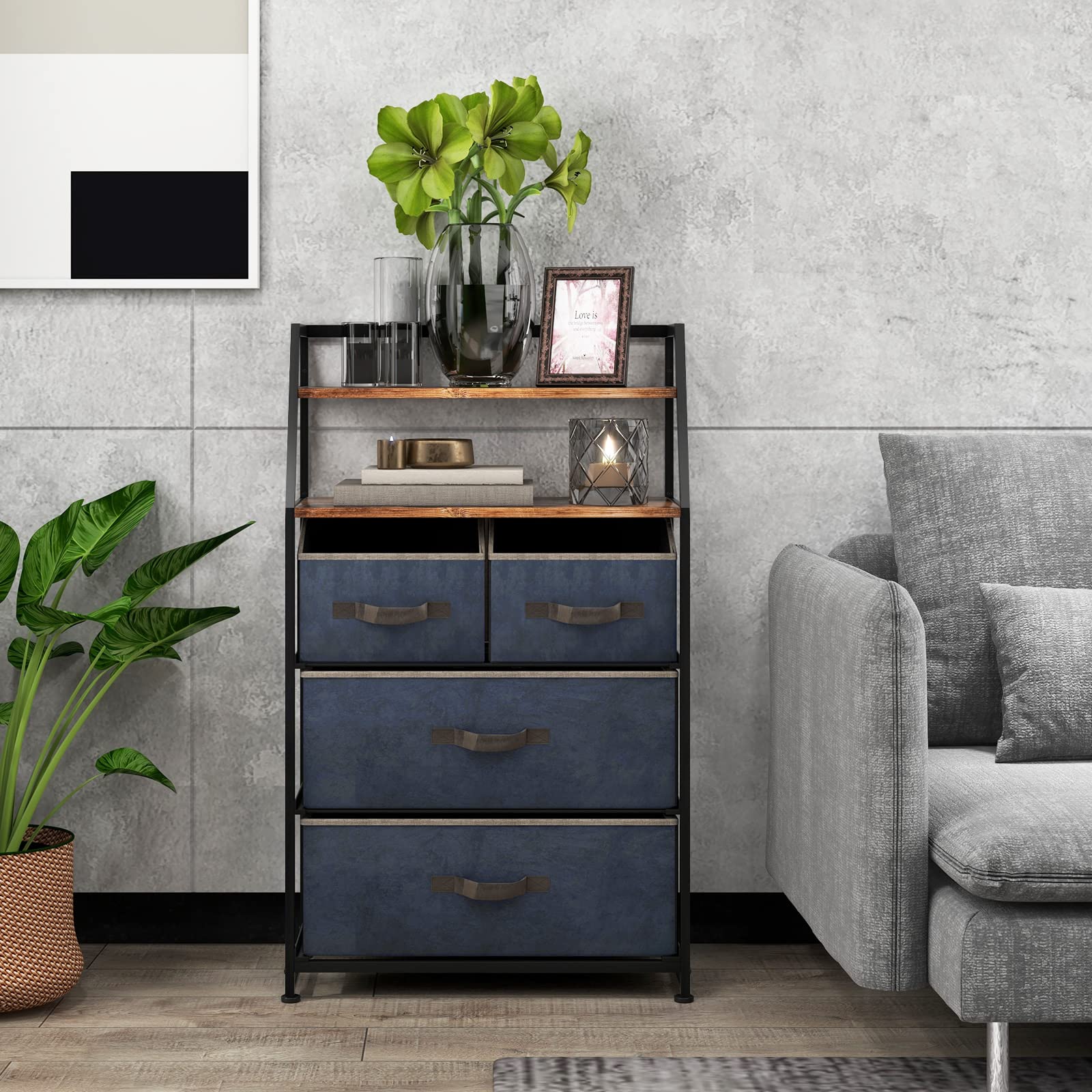 Giantex 4-Drawer Storage Dresser for Bedroom - Tall Storage Tower Unit with 2-Tier Shelf & Fabric Bins