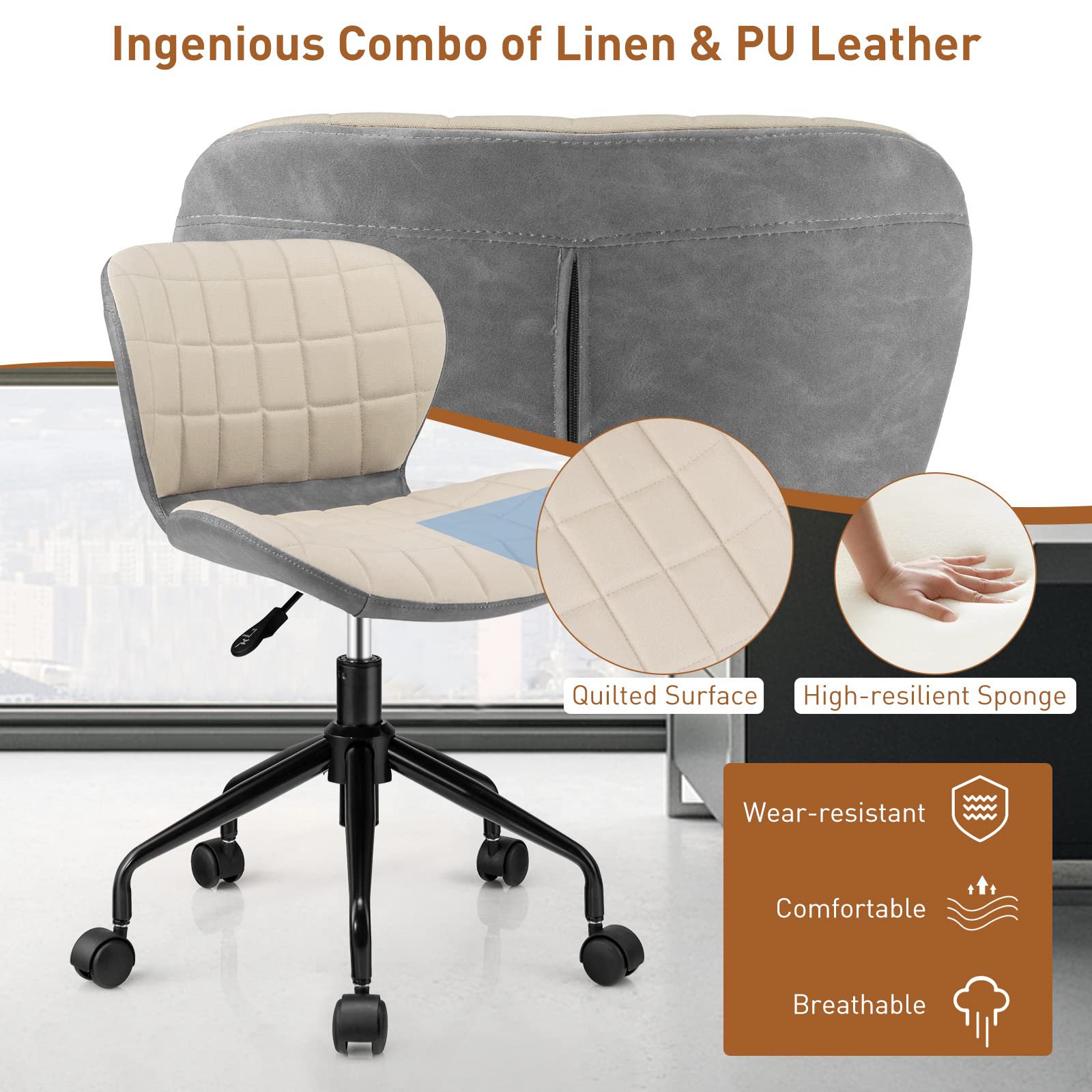 Giantex Ergonomic Home Office Desk Chair, Mid-Century Office Chair w/PU Leather & Fabric, Upholstery Computer Chair
