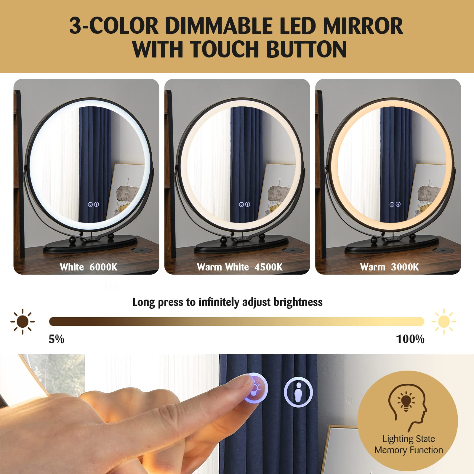 CHARMAID Vanity Table Set with 3-Color Dimmable Lighted Mirror