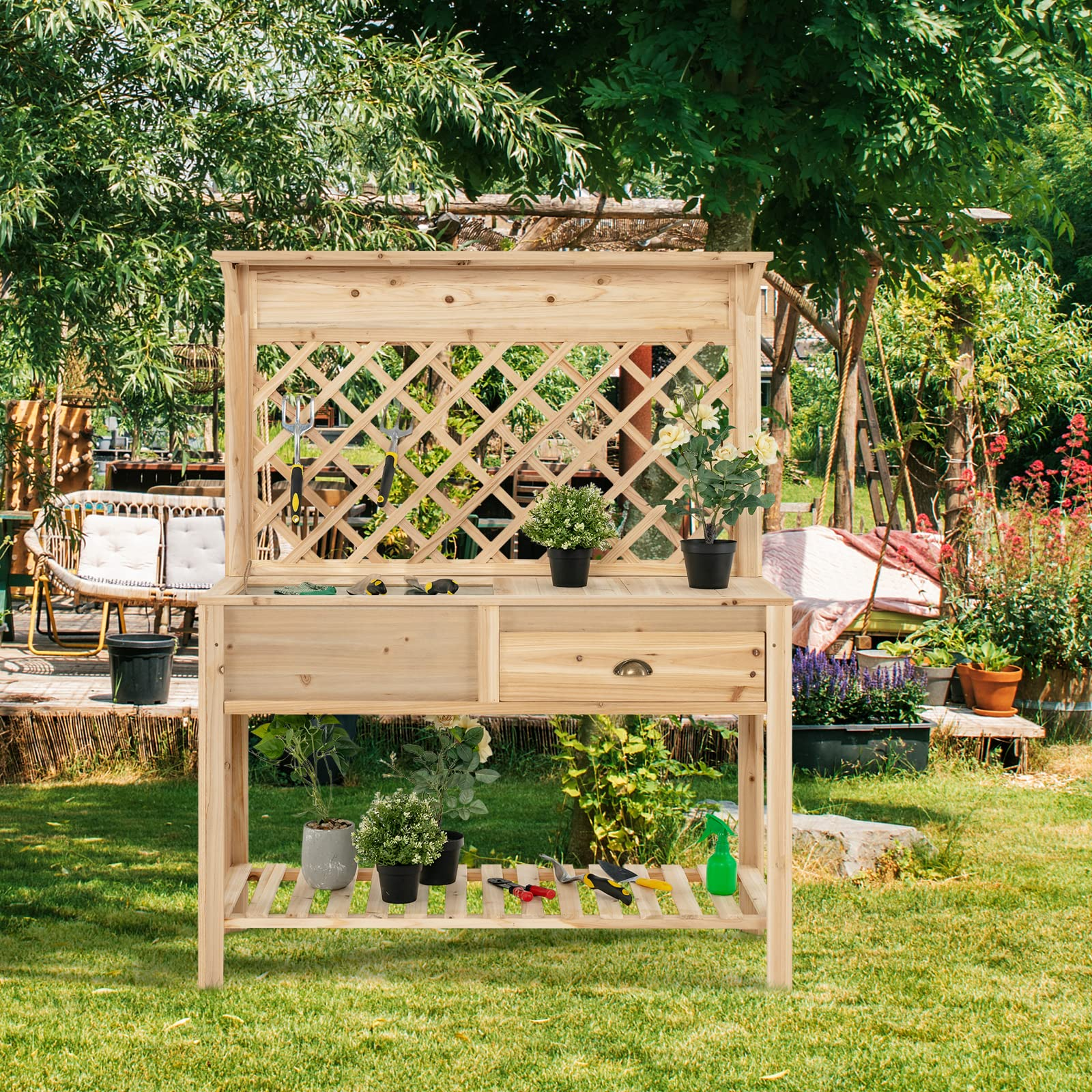Giantex Wood Raised Garden Bed with Trellis, Freestanding Elevated Planter Box with Open Storage Shelf and Drawer