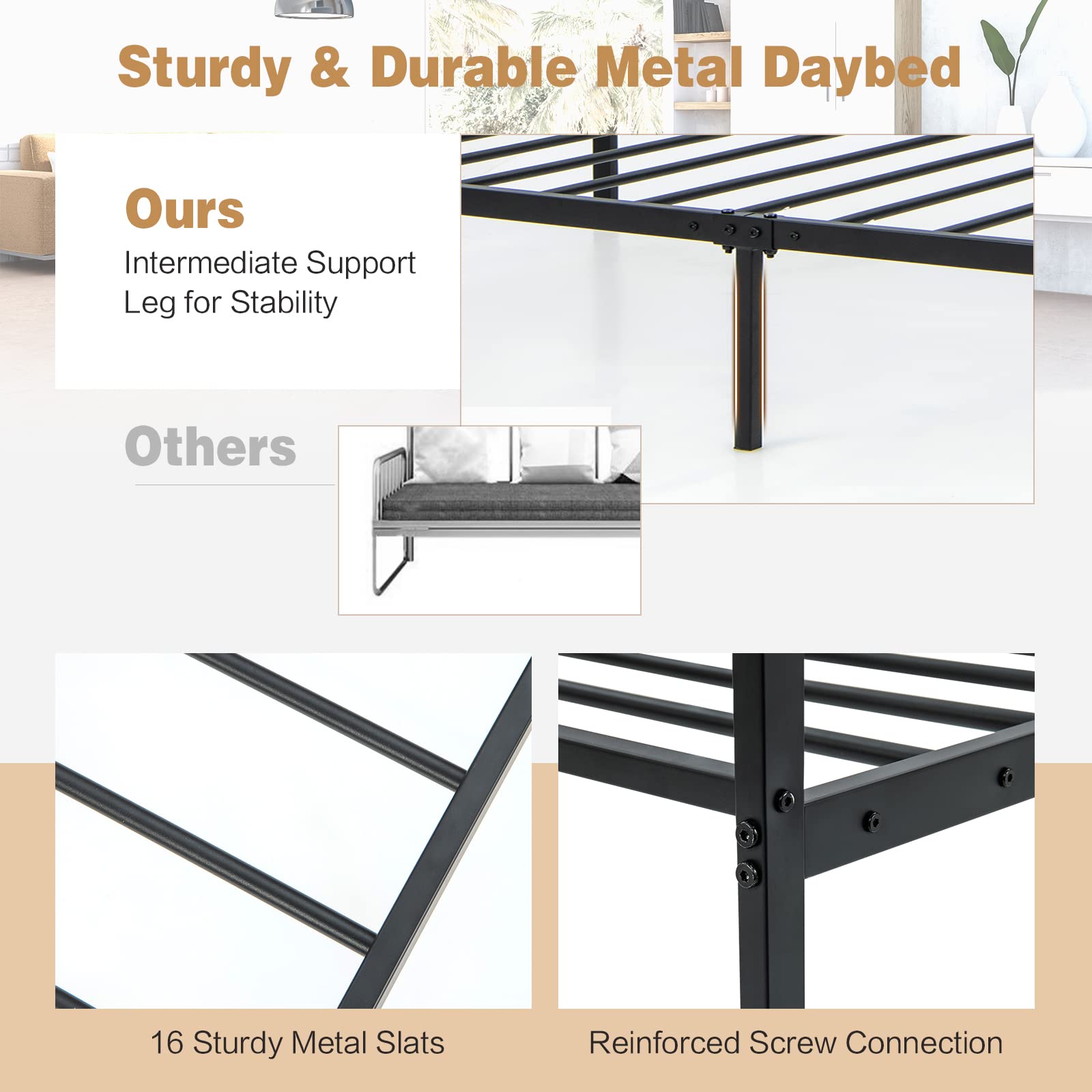 Giantex Twin Daybed Frame, Metal Sofa Bed w/Heavy-Duty 16 Slats Support, Black