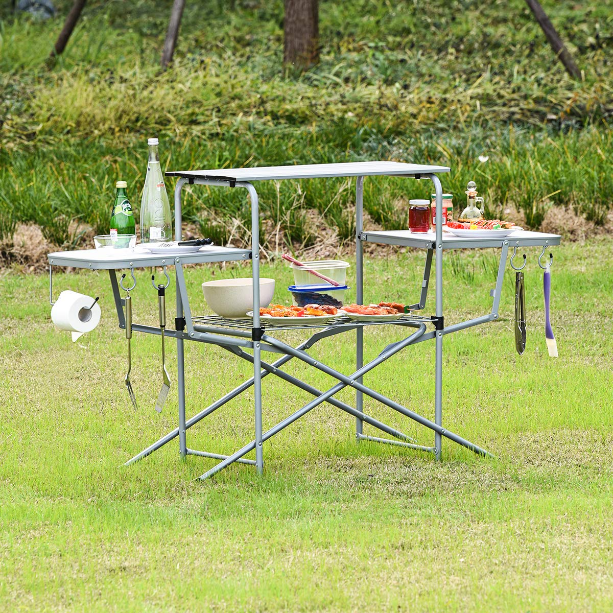 Giantex Folding Grill Table with 26'' Main Tabletop, Portable Aluminum Camping Table