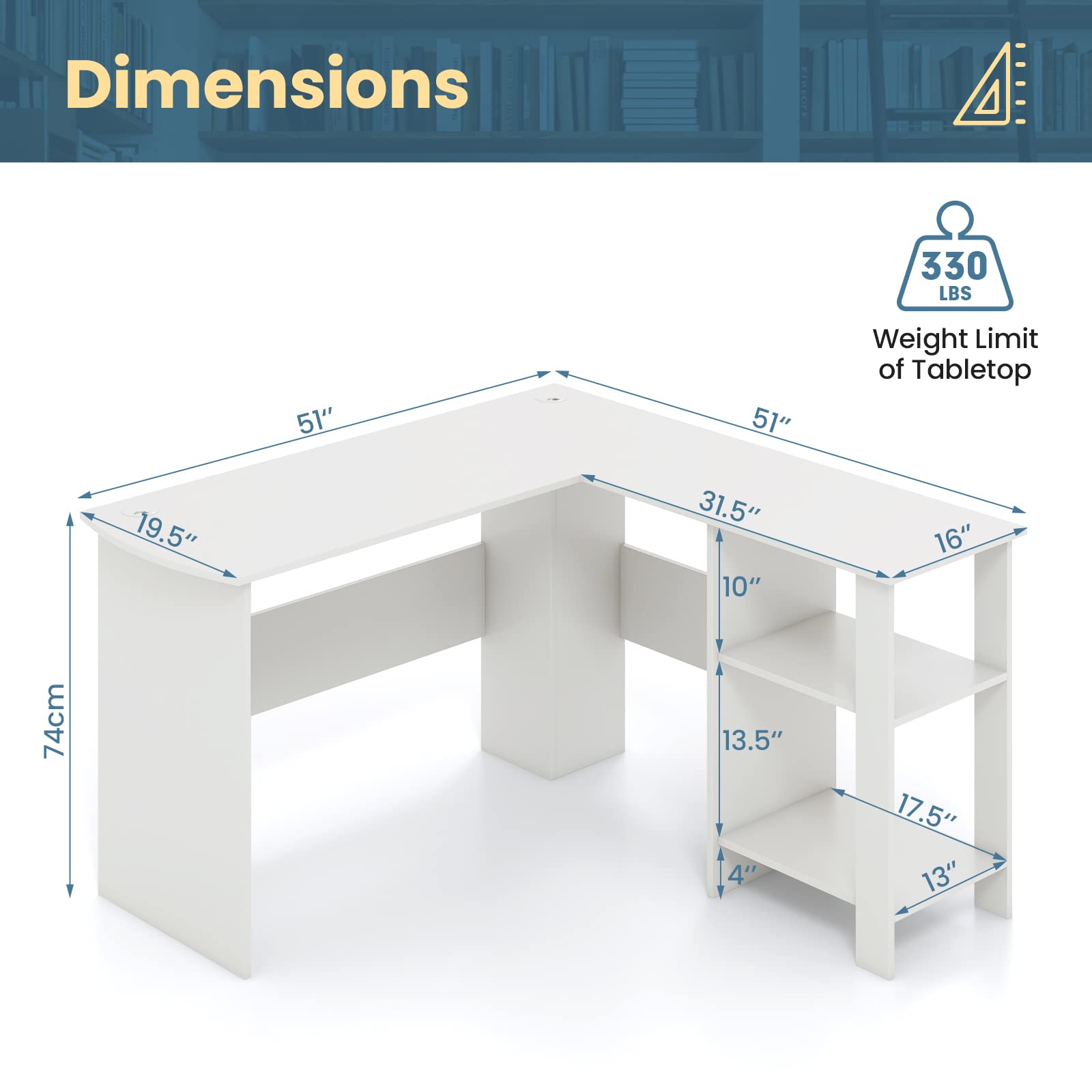 Giantex L Shaped Computer Desk, 51" Large Corner Desk with 2 Cable Holes & 2 Storage Shelves, White
