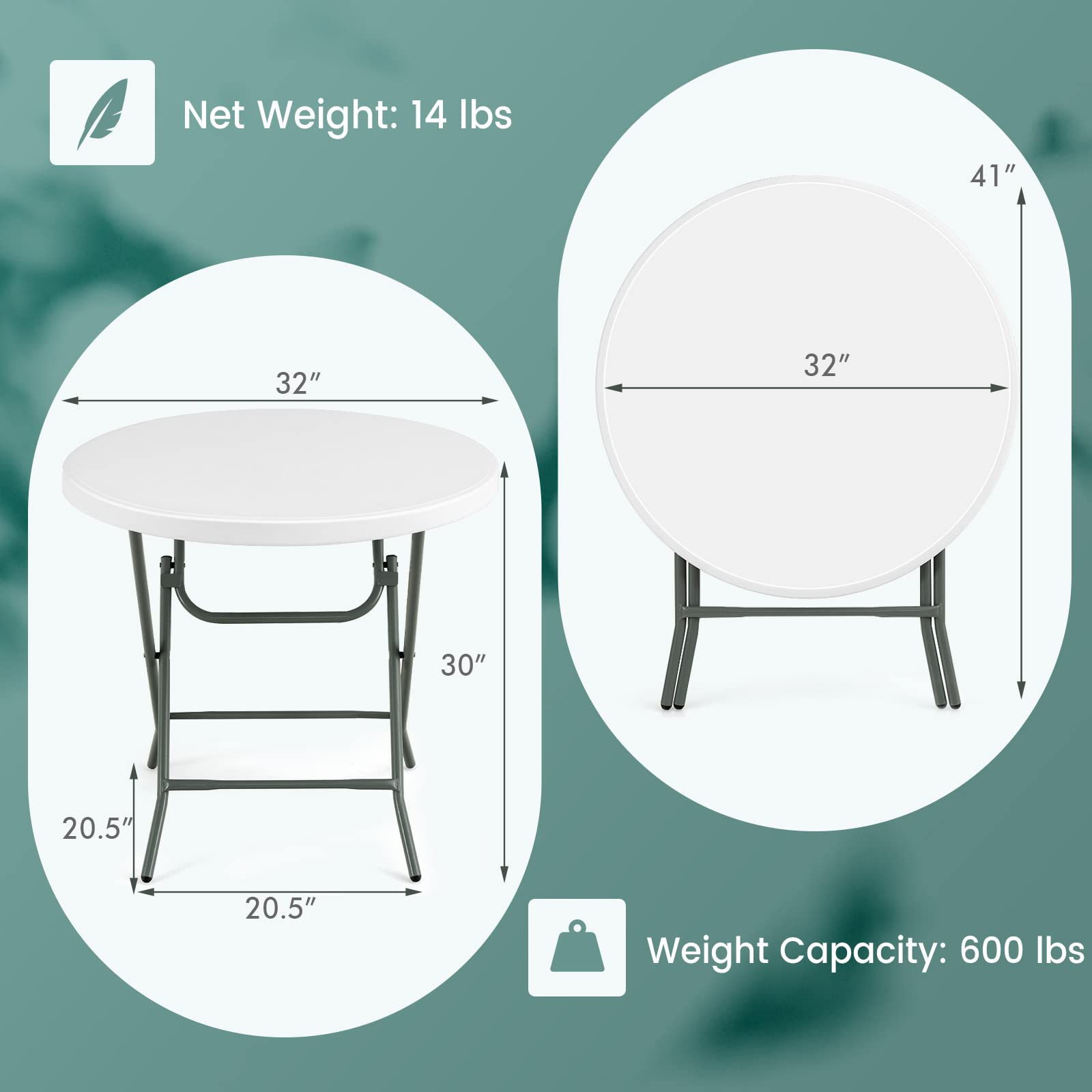 Giantex 32 Inches Round Folding Table, Portable Plastic Card Table with Thickened HDPE Tabletop and Sturdy Metal Frame, White