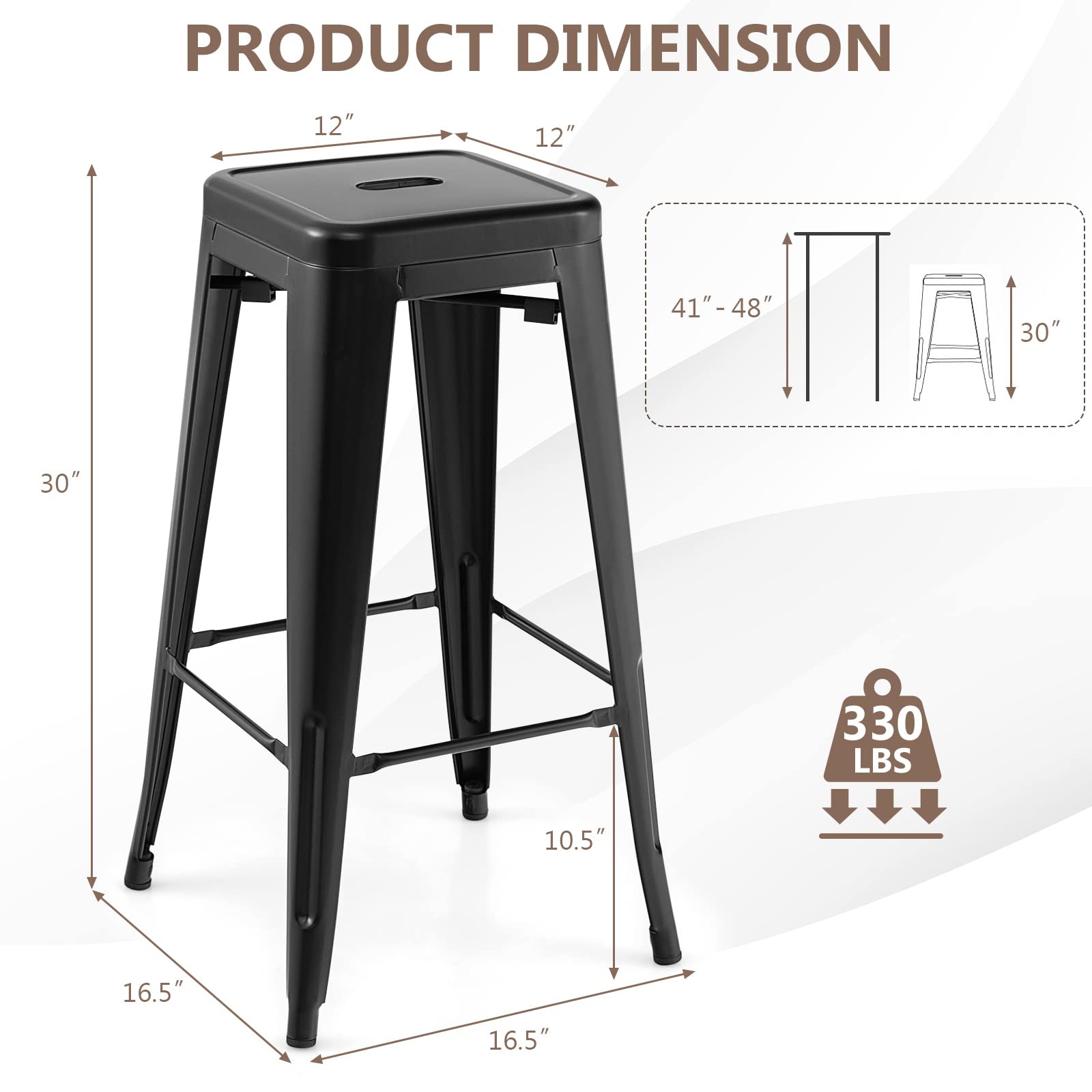 Bar Stools Set of 4, 24” or 30" Stackable Metal Stools with Square Seat & Handing Hole, X-shaped Reinforced Design