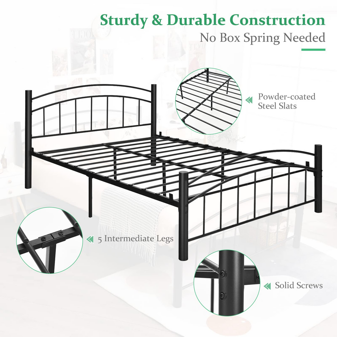 Black Modern Platform Bed with Headboard and Footboard | Metal Bed Frame