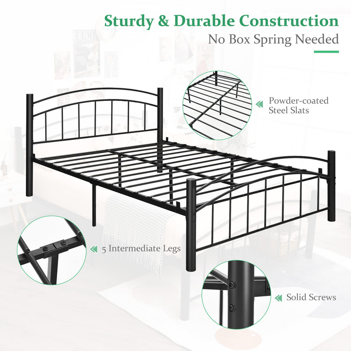Black Modern Platform Bed with Headboard and Footboard | Metal Bed Frame