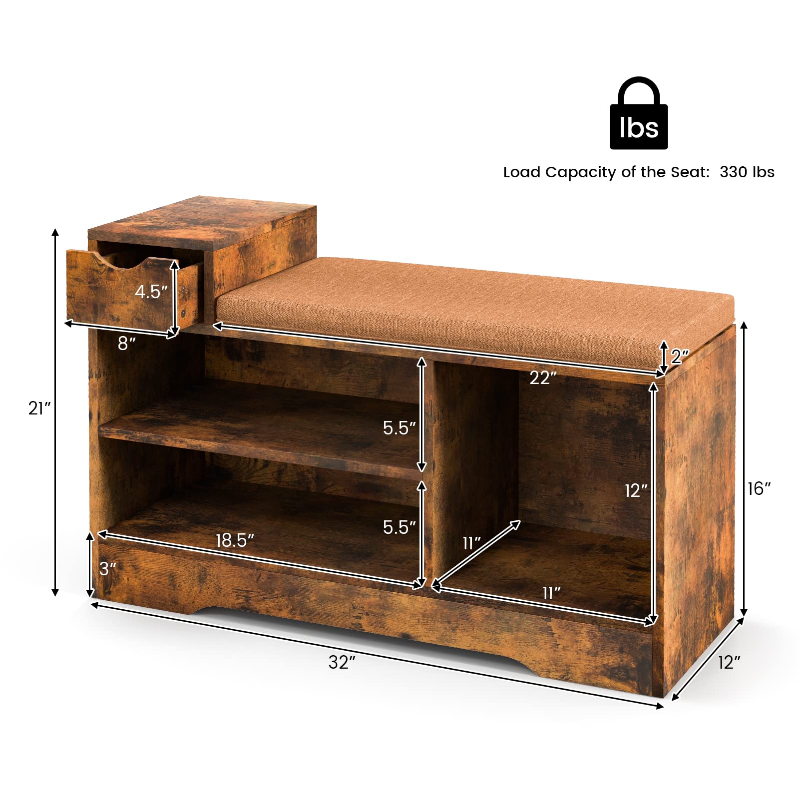 Giantex Industrial Shoe Storage Bench - Entryway Shoe Bench with Removable Cushion, Storage Drawer, Rustic Brow