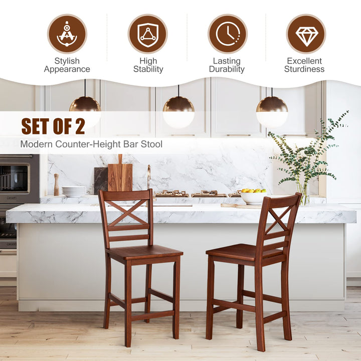 Giantex 25'' Antique Kitchen Counter Height Chairs with Wooden X-Shaped Backrest & Rubber Wood Legs
