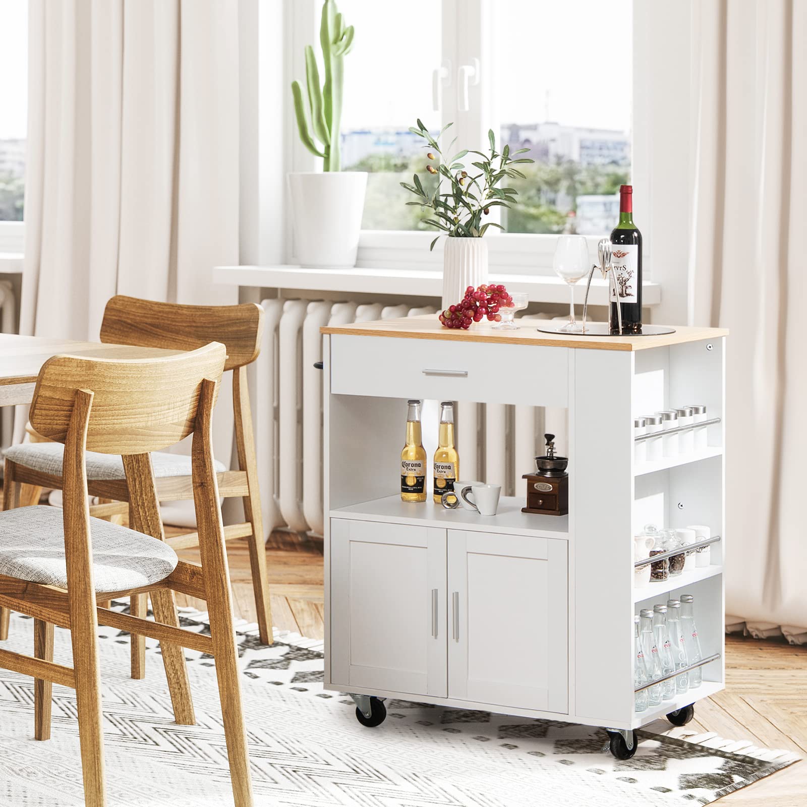 Giantex Kitchen Island on Wheels, Rolling Trolley Cart with 3 Spice Racks, 2-Door Cabinet