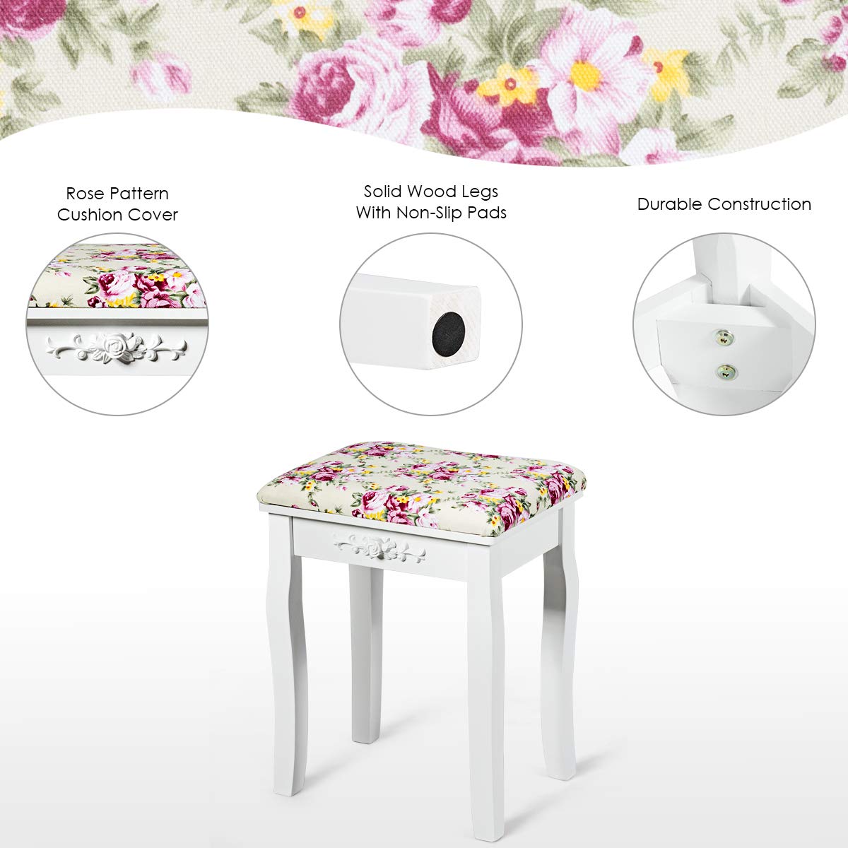 Vanity Stool Wood Dressing Padded Chair (White)