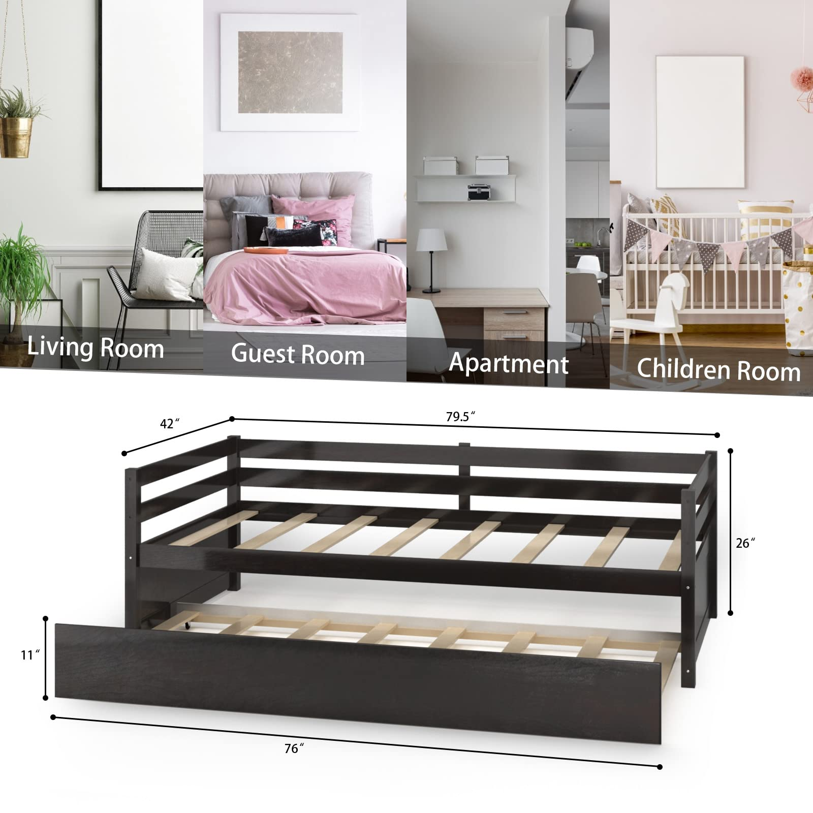 Giantex Wood Daybed with a Trundle, Twin Trundle Daybed with Durable Slat Support