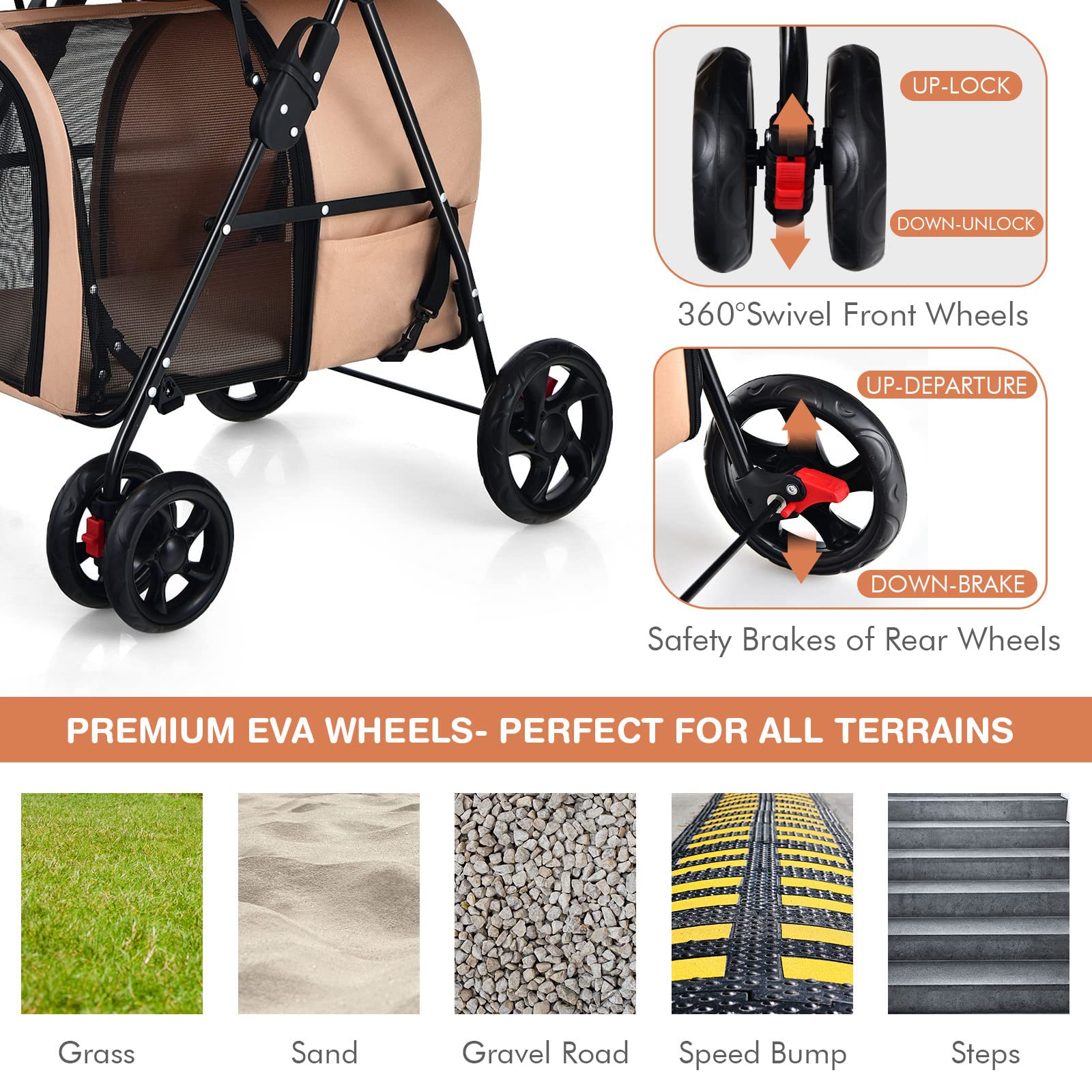 Double Pet Stroller with 2 Detachable Carrier Bags, 4 Lockable Wheels Cat Stroller