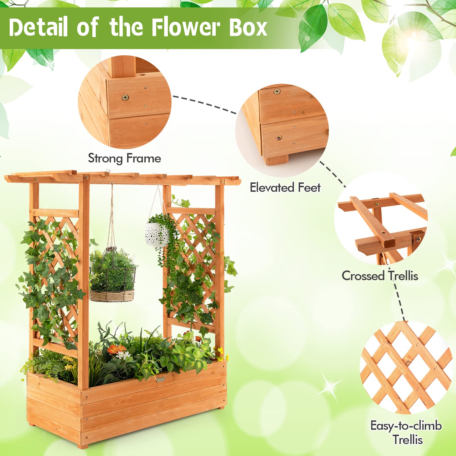 Giantex Raised Garden Bed with Trellis, Wood Planter Box with Roof & Side Trellis, Drain Holes