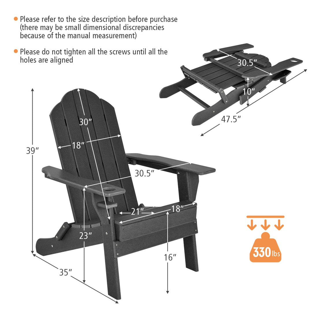 Adirondack Chair Outdoor Folding Chairs, Weather Resistant Patio Chair with Built-in Cup