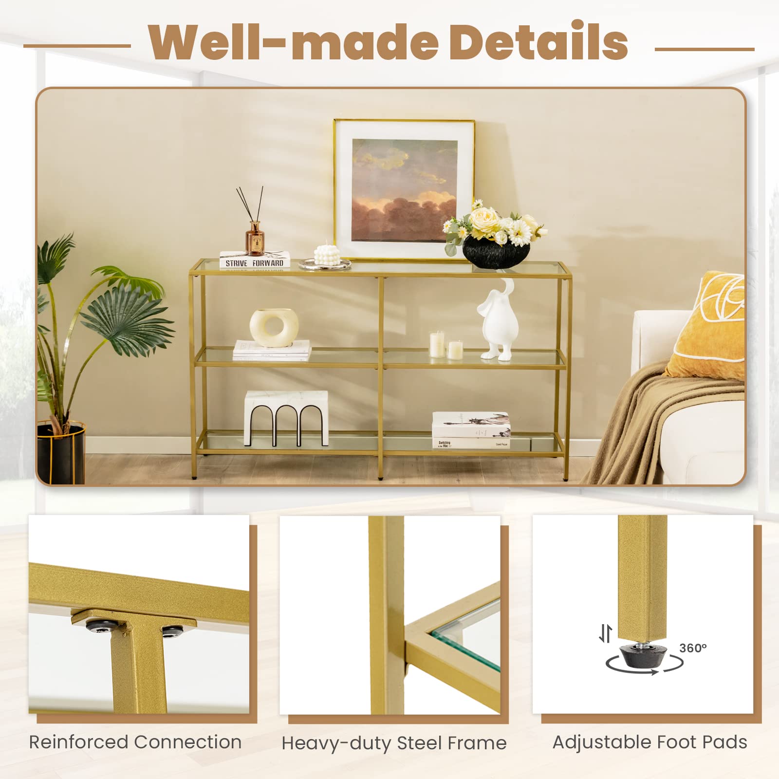 Giantex Console Table 3-Tier - Glass Entryway Table, Long Couch Table with Tempered Glass Shelf & Gold Steel Frame